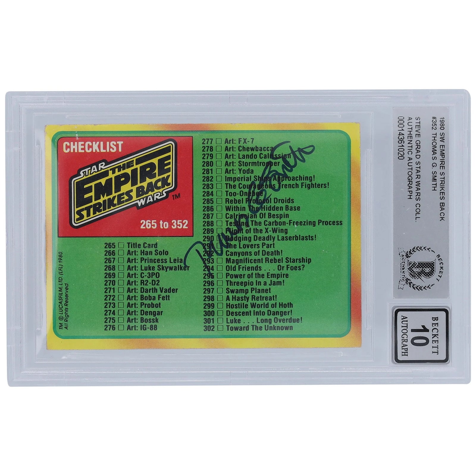 Thomas G. Smith Signed 1980 Topps Empire Strikes Back #352 | BGS 10