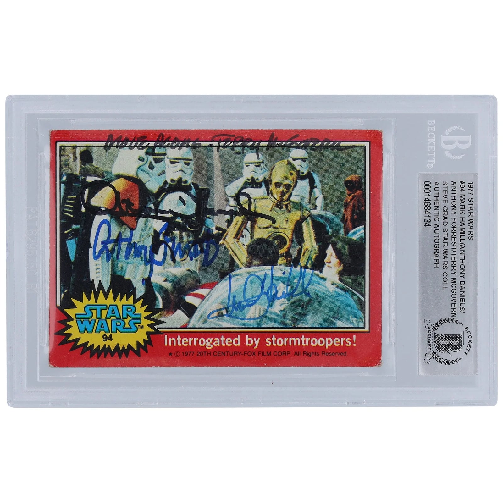Mark Hamill, Anthony Daniels, Anthony Forrest & Terry McGovern Signed 1977 Topps Star Wars #94