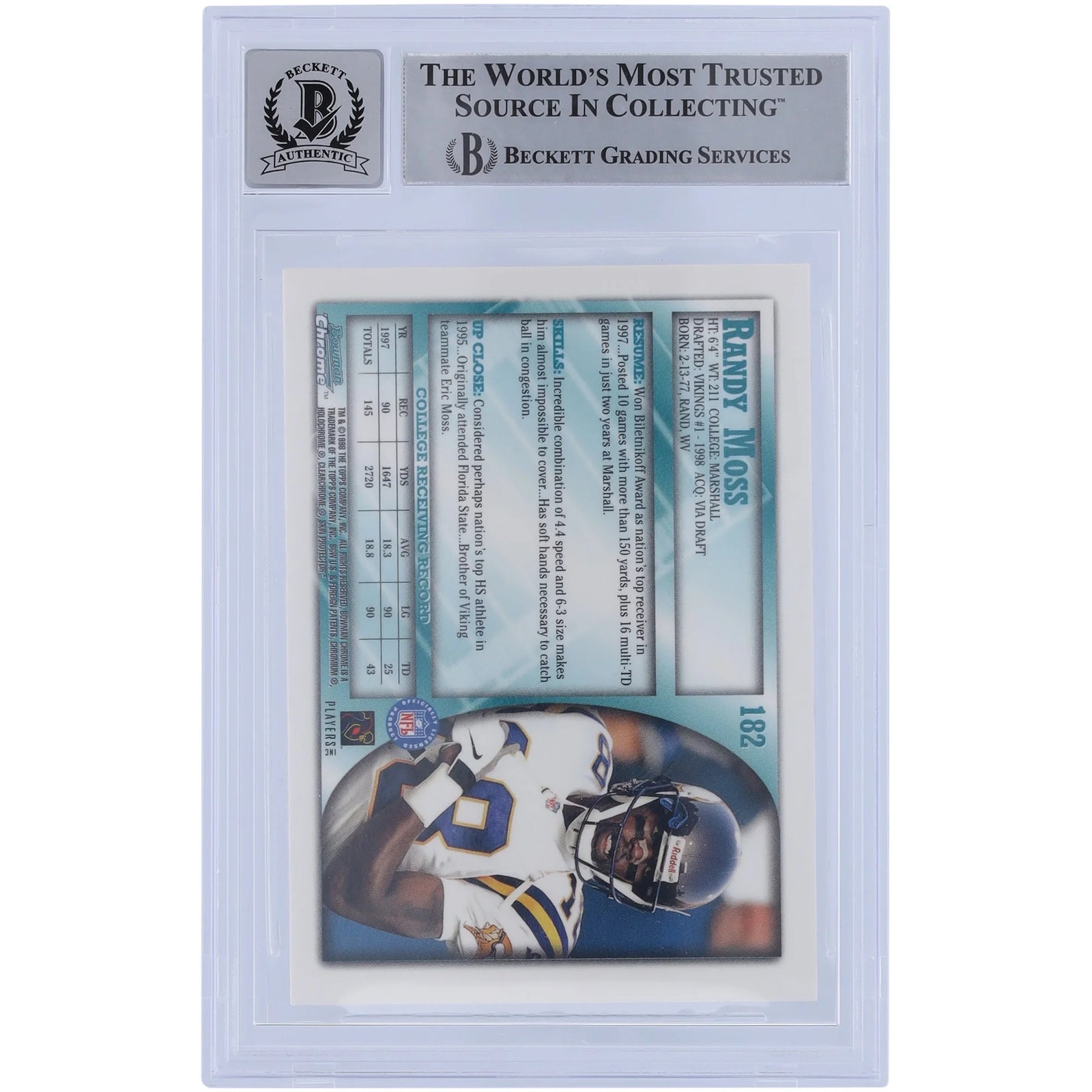 Randy Moss Signed 1998 Bowman Chrome #182 Rookie Card | Graded 10