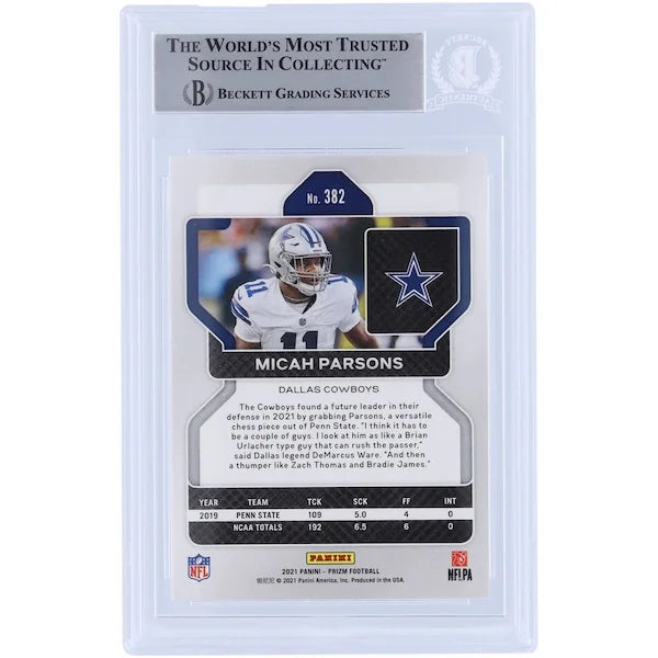Micah Parsons Dallas Cowboys Autographed 2021 Panini Prizm #382 Beckett Fanatics Witnessed Authenticated Rookie Card - F2