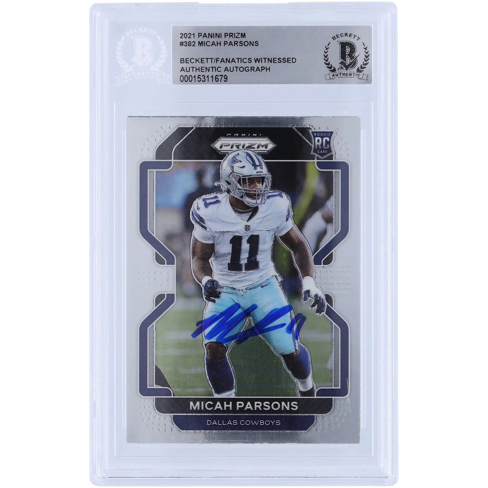 Micah Parsons Dallas Cowboys Autographed 2021 Panini Prizm #382 Beckett Fanatics Witnessed Authenticated Rookie Card - F2
