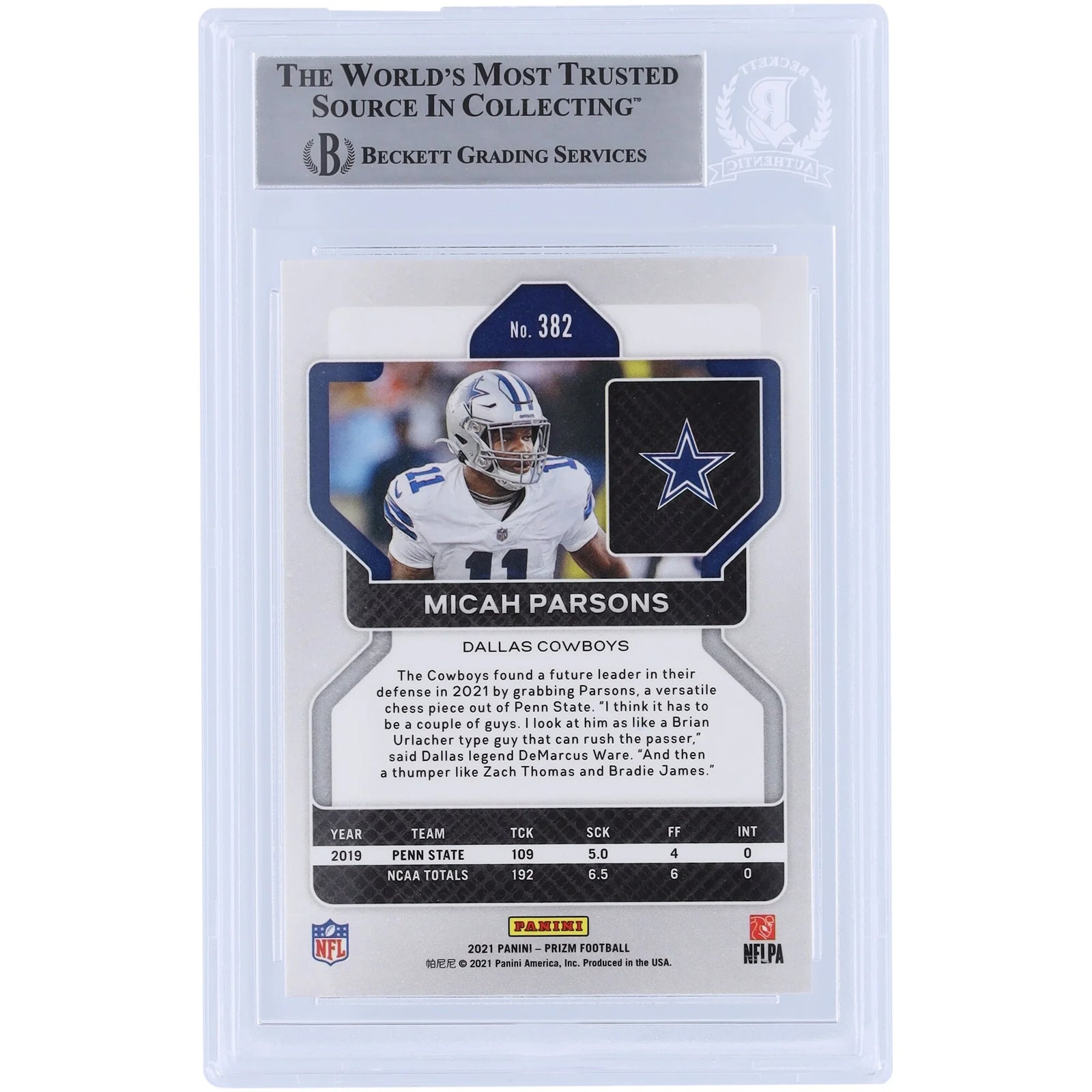 Micah Parsons Dallas Cowboys Autographed 2021 Panini Prizm #382 Beckett Fanatics Witnessed Authenticated Rookie Card - F2