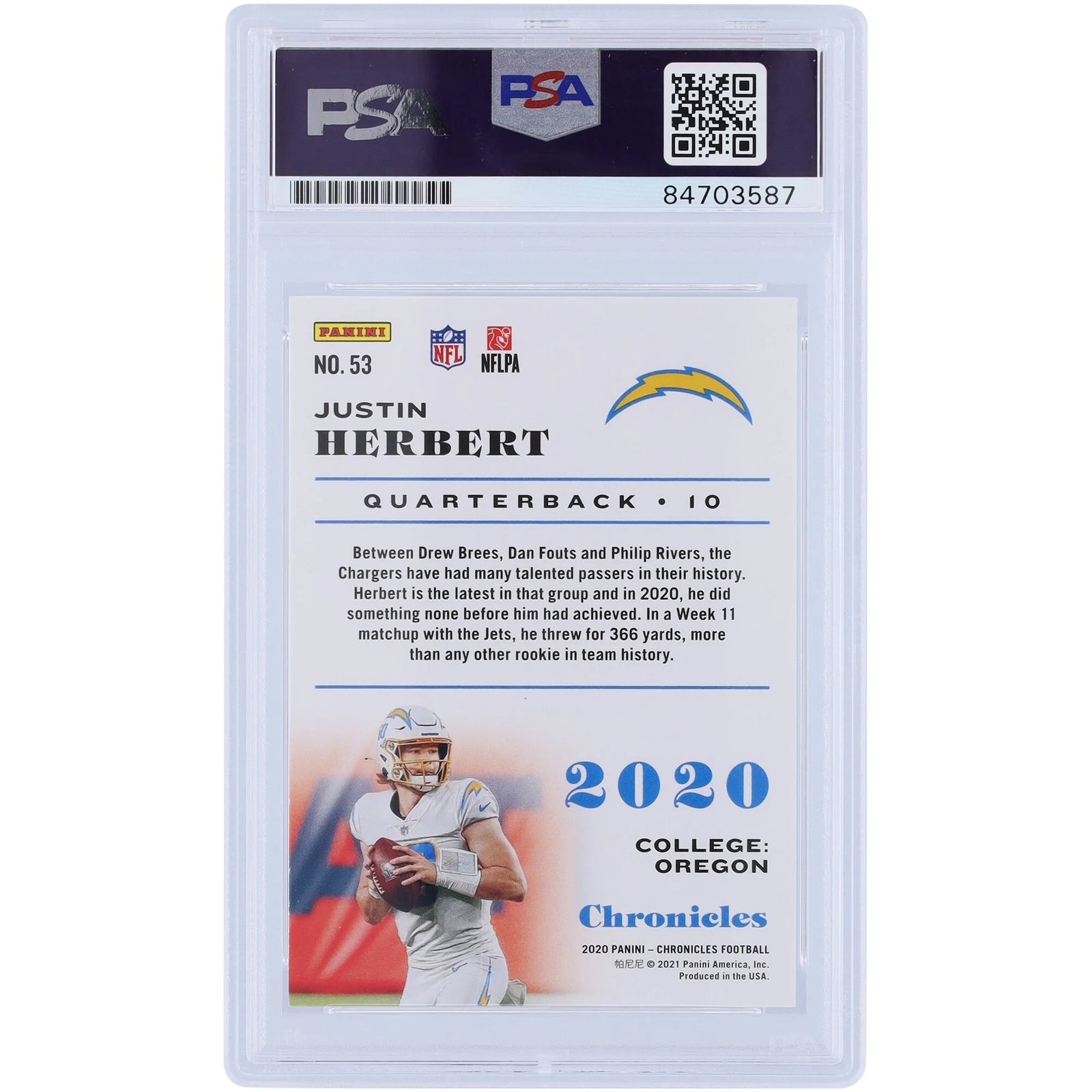 Justin Herbert Signed 2020 Panini Chronicles #53 Rookie Card | PSA 10