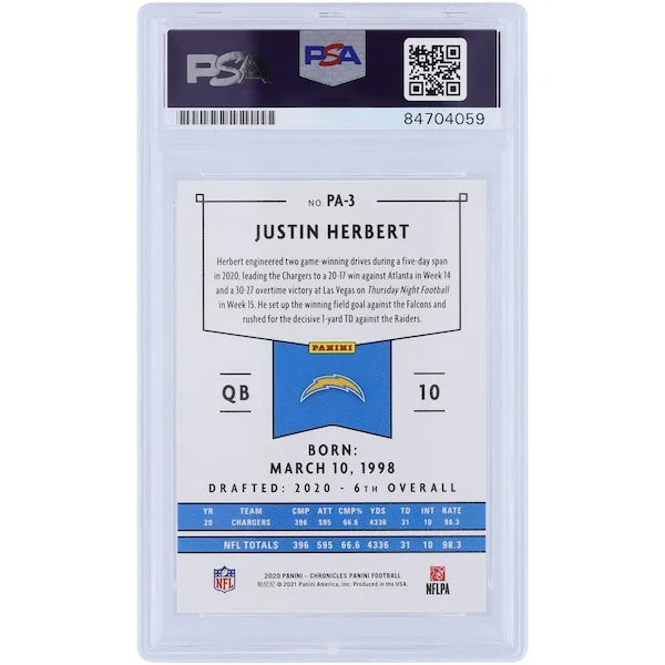 Justin Herbert Signed 2020 Panini Chronicles Rookie Card | PSA 10