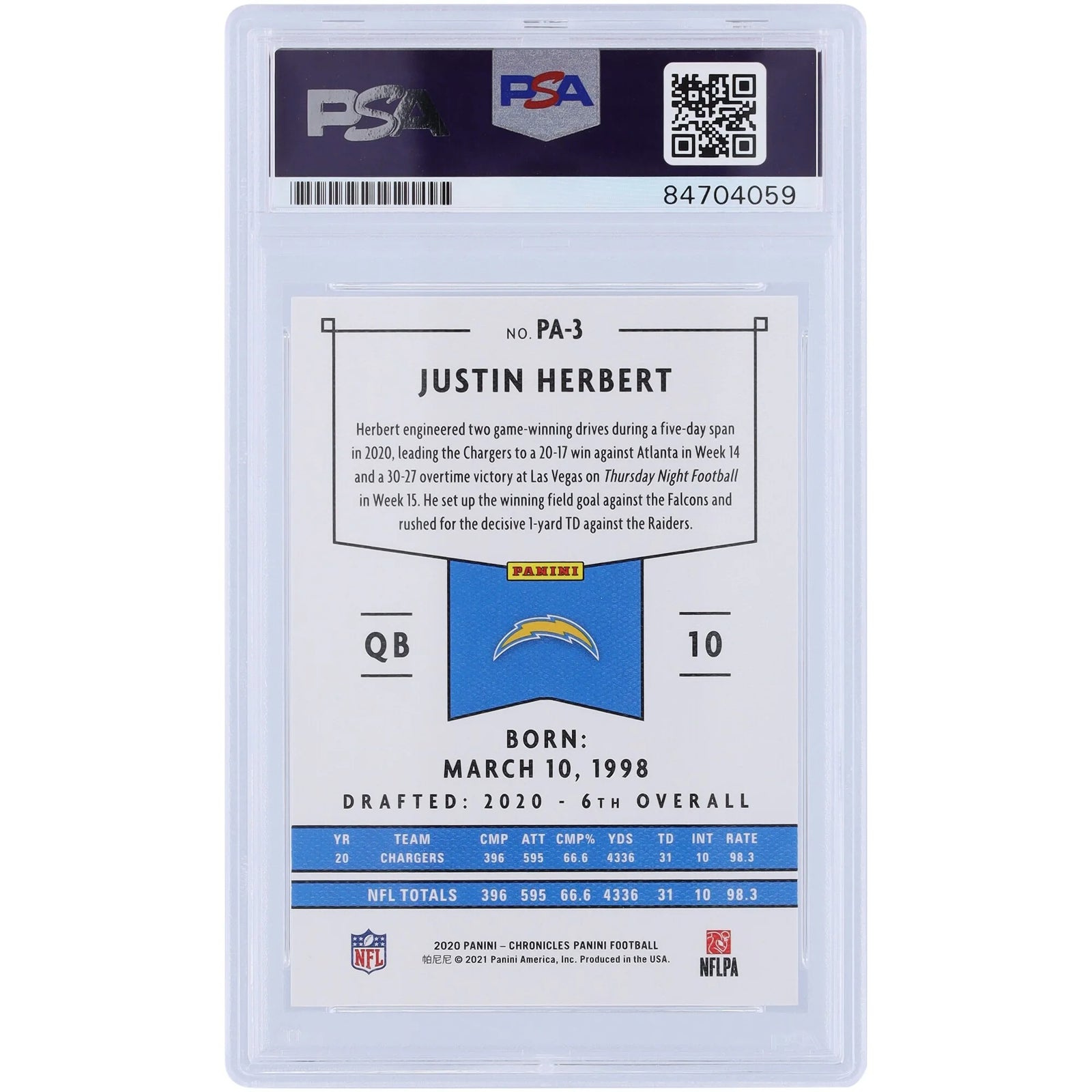 Justin Herbert Signed 2020 Panini Chronicles Rookie Card | PSA 10