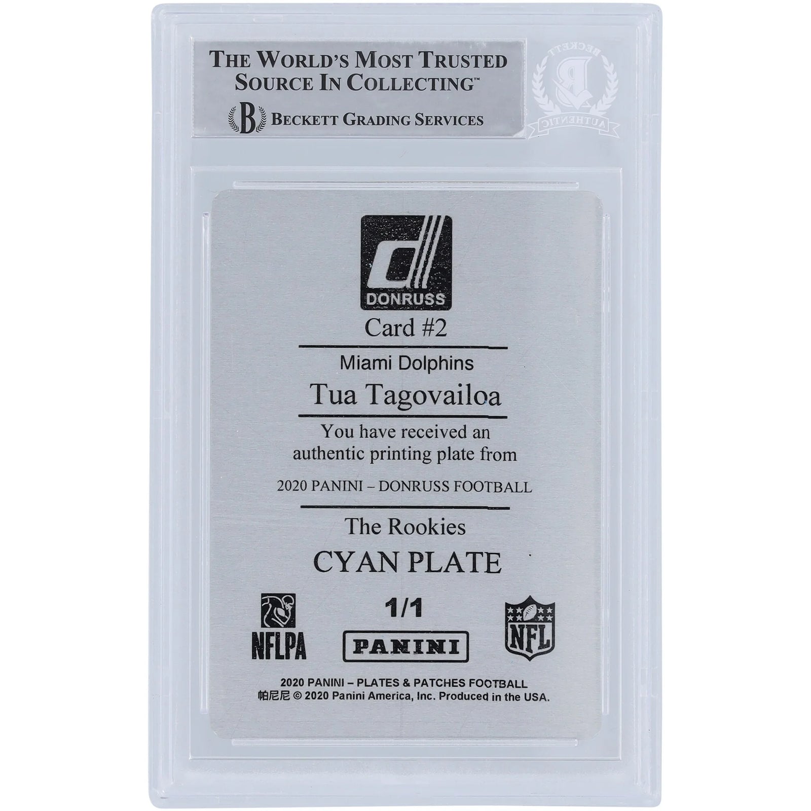Tua Tagovailoa Signed 2020 Panini Donruss Rookie Card | 1/1 Cyan Printing Plate