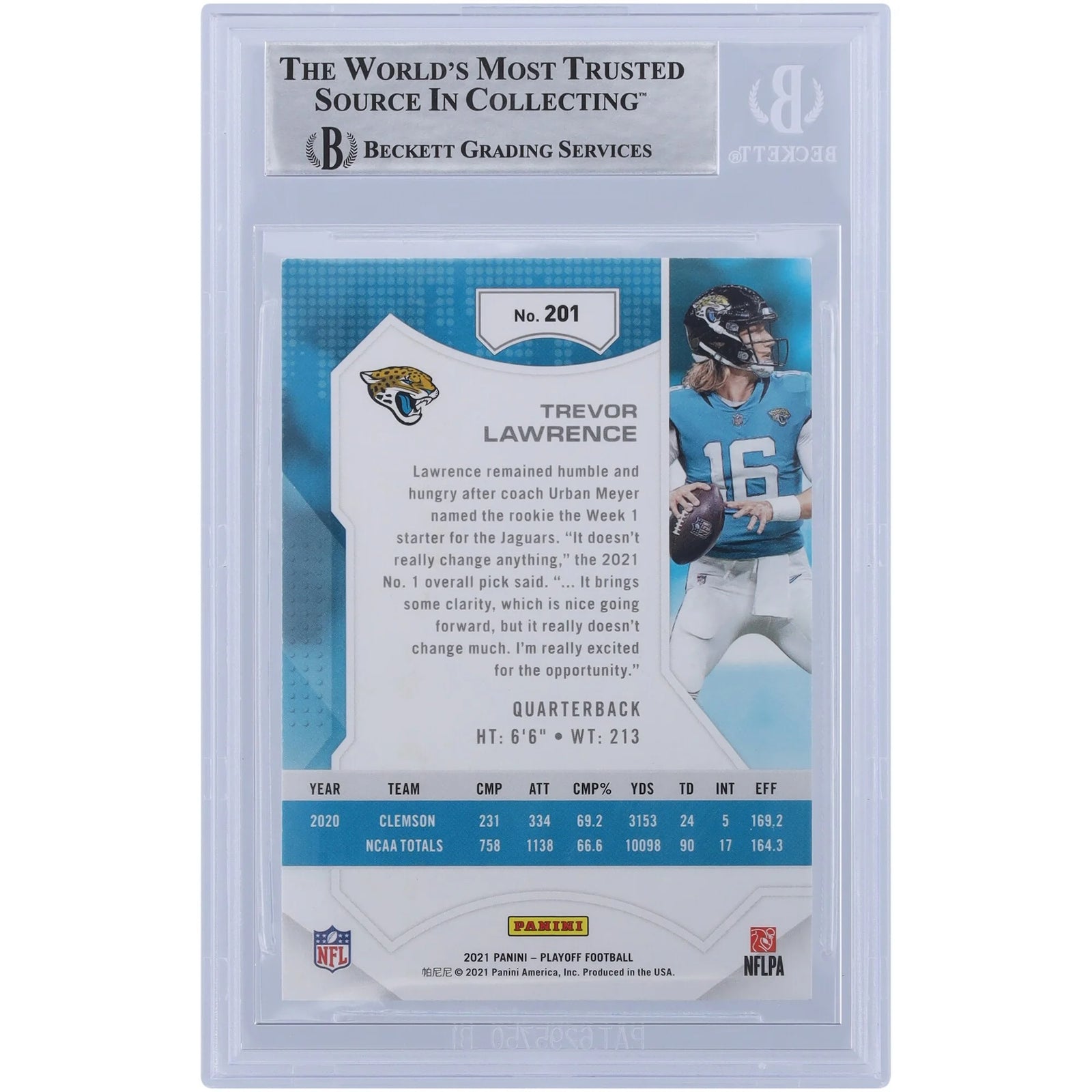 Trevor Lawrence Signed 2021 Panini Playoff #201 Rookie Card | 2021 #1 Pick Inscription