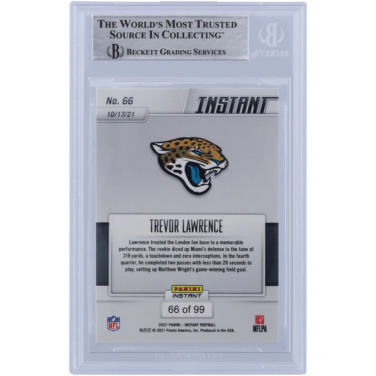 Trevor Lawrence Signed 2021 Panini Instant Red Rookie Card #66/99 | 1st NFL Win Inscriptio