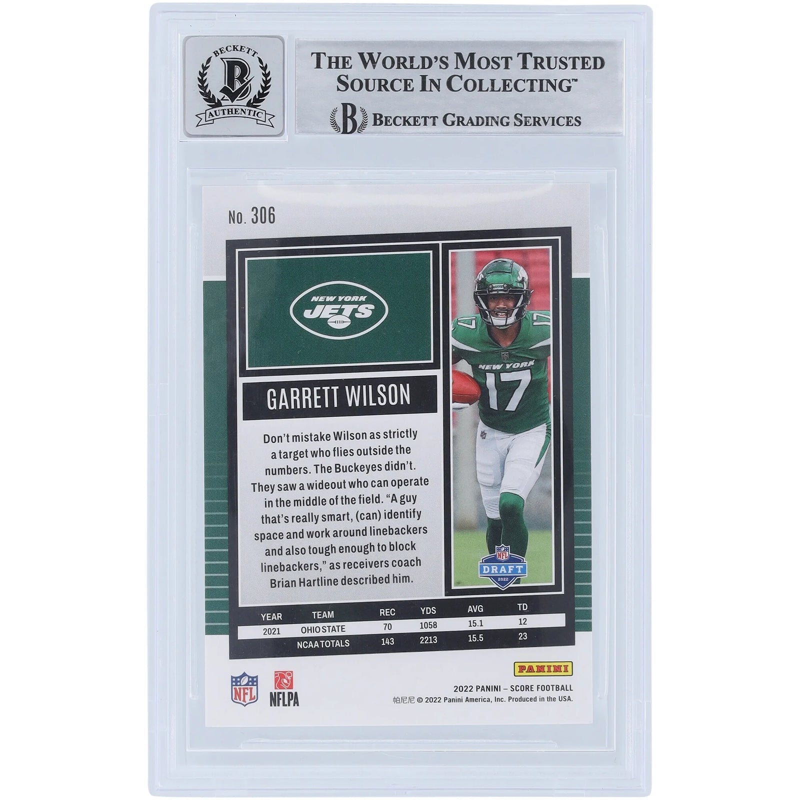 Garrett Wilson Signed 2022 Panini Score #306 Rookie Card | Beckett 9