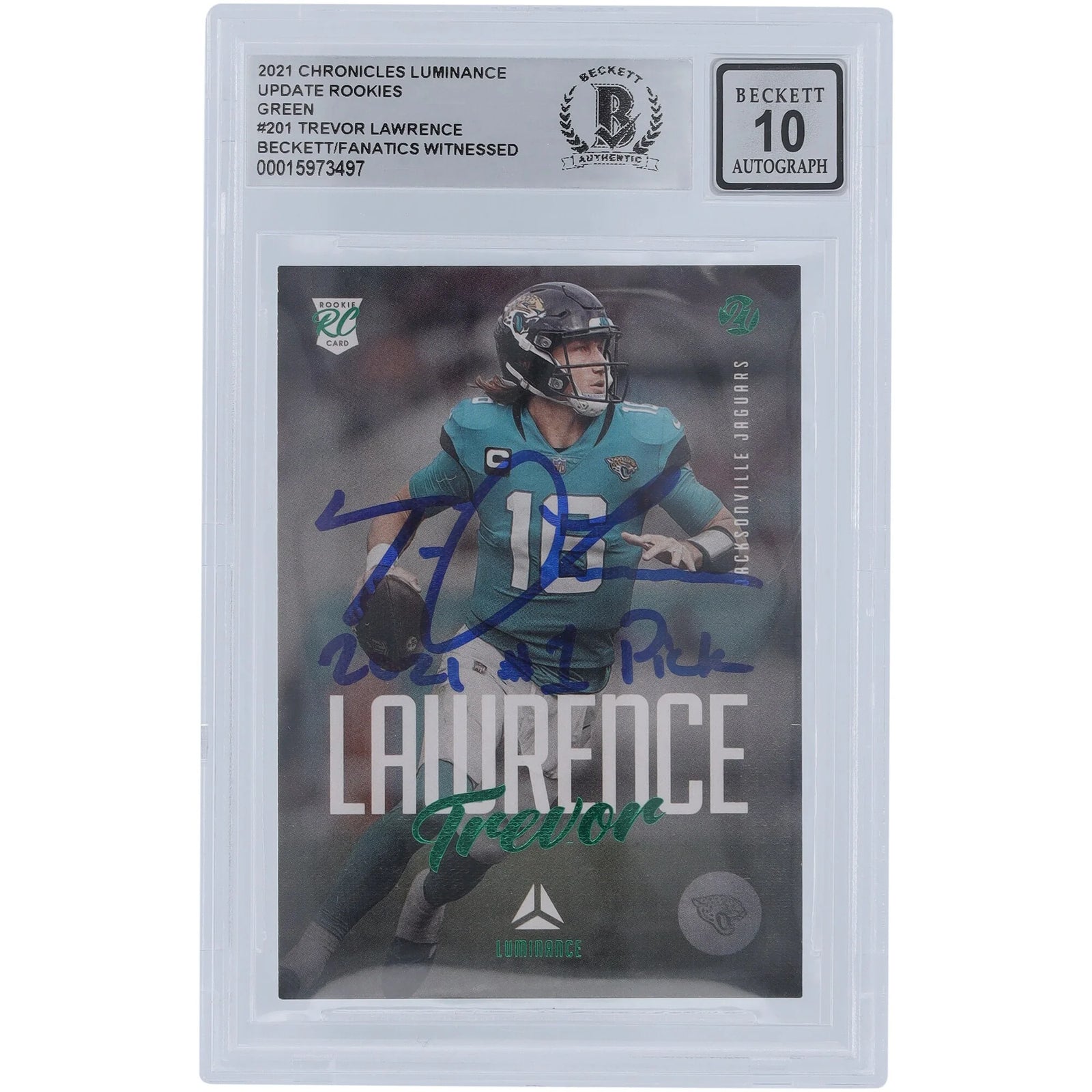 Trevor Lawrence Signed 2021 Panini Luminance Green #201 Rookie Card | Beckett 10