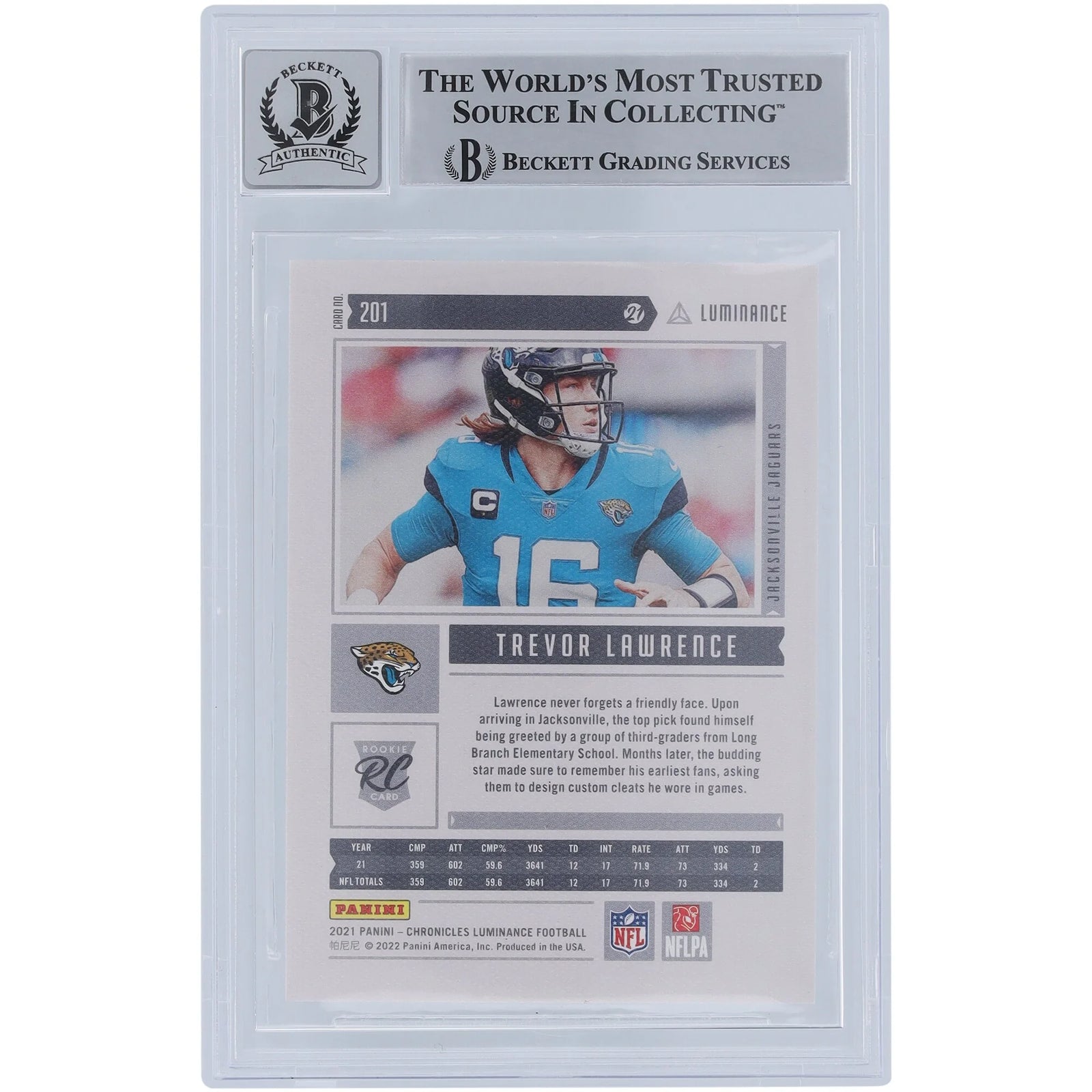 Trevor Lawrence Signed 2021 Panini Luminance Green #201 Rookie Card | Beckett 10