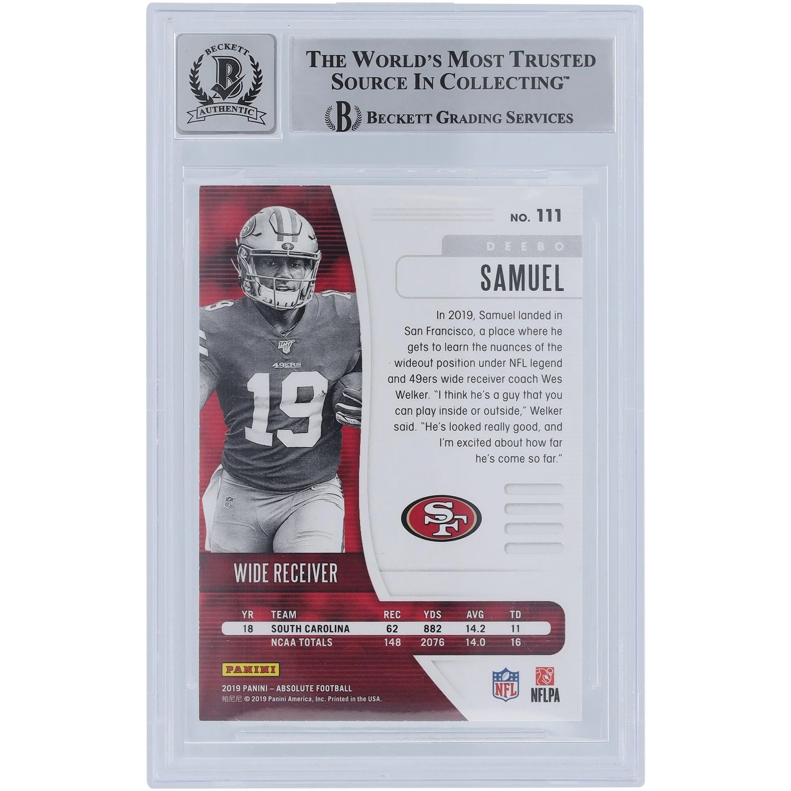 Deebo Samuel Signed 2019 Panini Absolute #111 Rookie Card | Beckett Graded 9