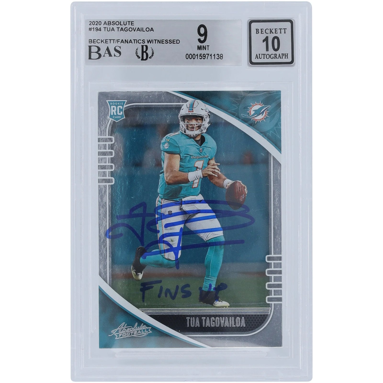Tua Tagovailoa Signed 2020 Panini Absolute Rookie Card #194 | Beckett 9 Fins Up