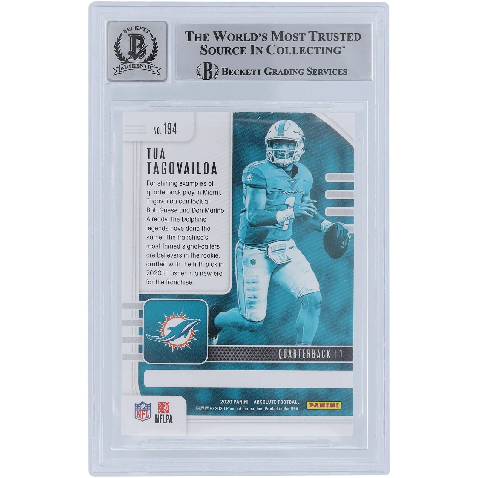 Tua Tagovailoa Signed 2020 Panini Absolute Rookie Card #194 | Beckett 9 Fins Up