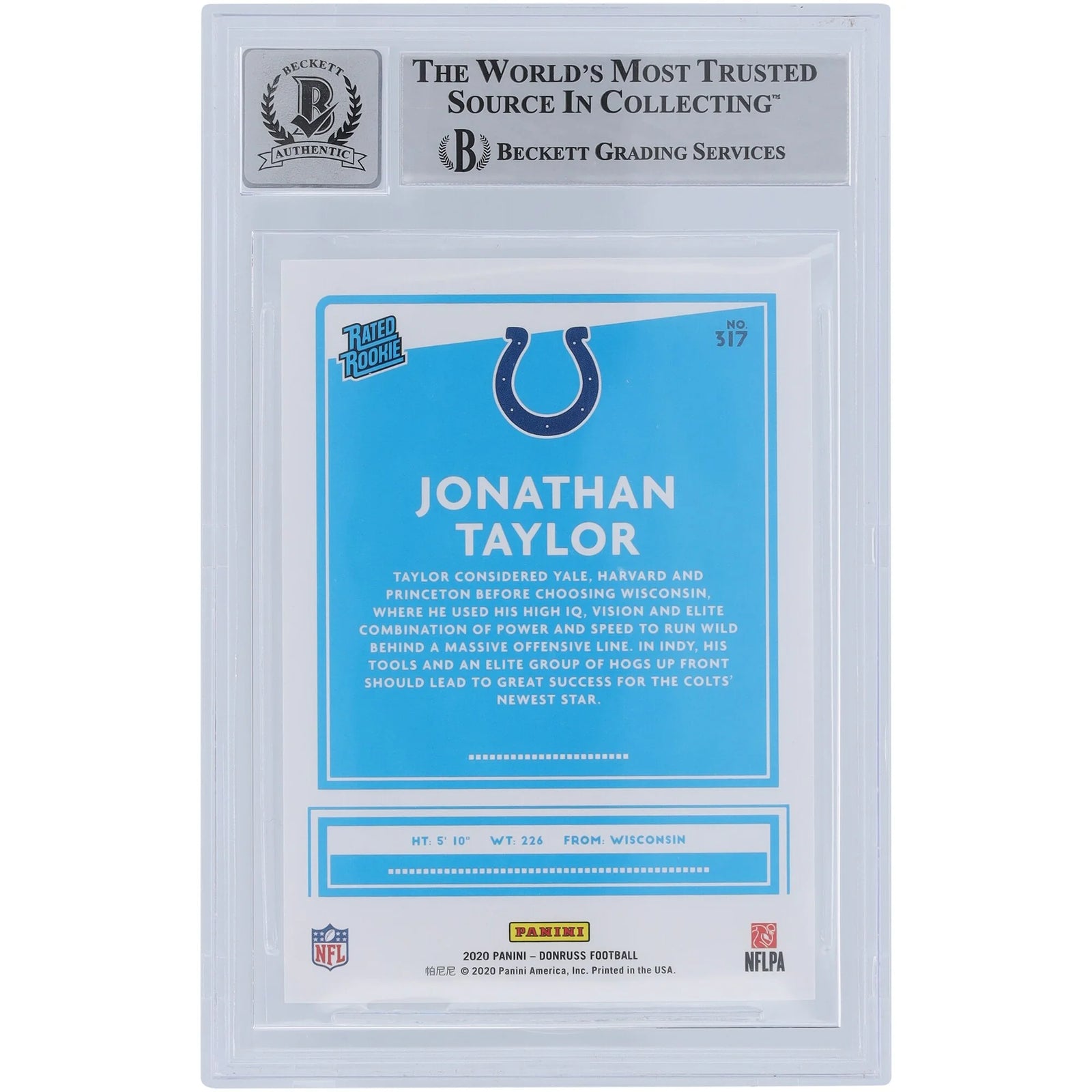 Jonathan Taylor Signed 2020 Panini Donruss Rated Rookie #317 | Beckett 9