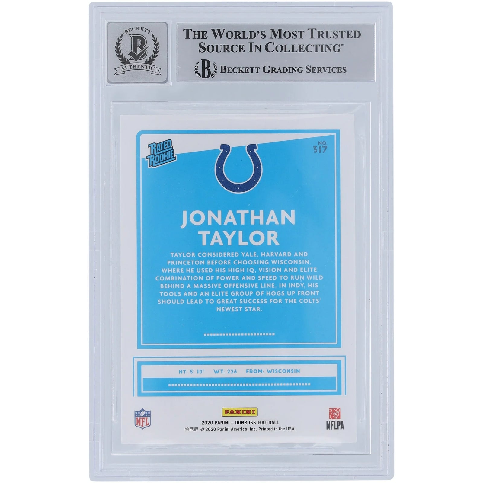 Jonathan Taylor Signed 2020 Panini Donruss Rookie Card #317 | Beckett 10