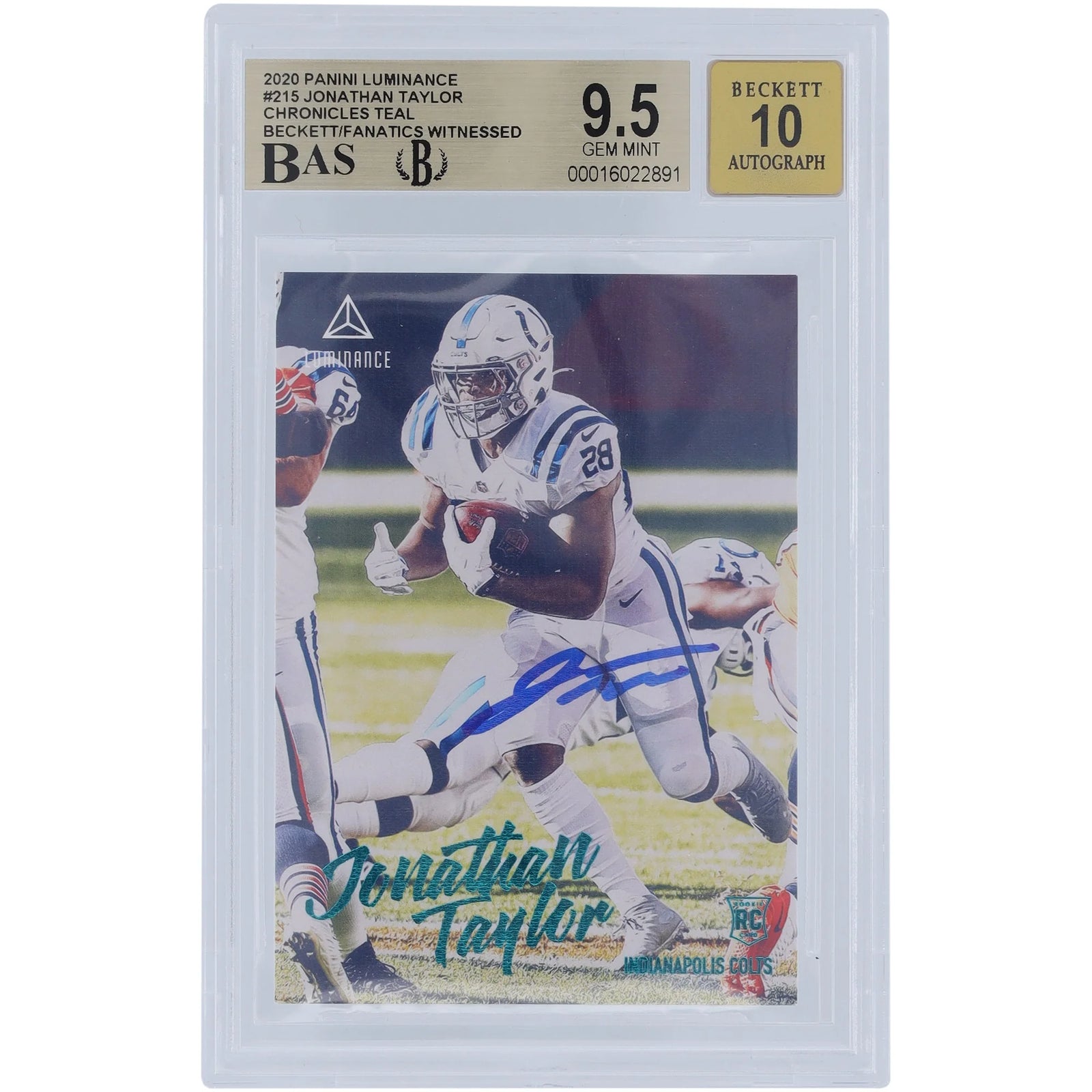 Jonathan Taylor Signed 2020 Panini Luminance Teal Rookie Card #215 | Beckett 9.5