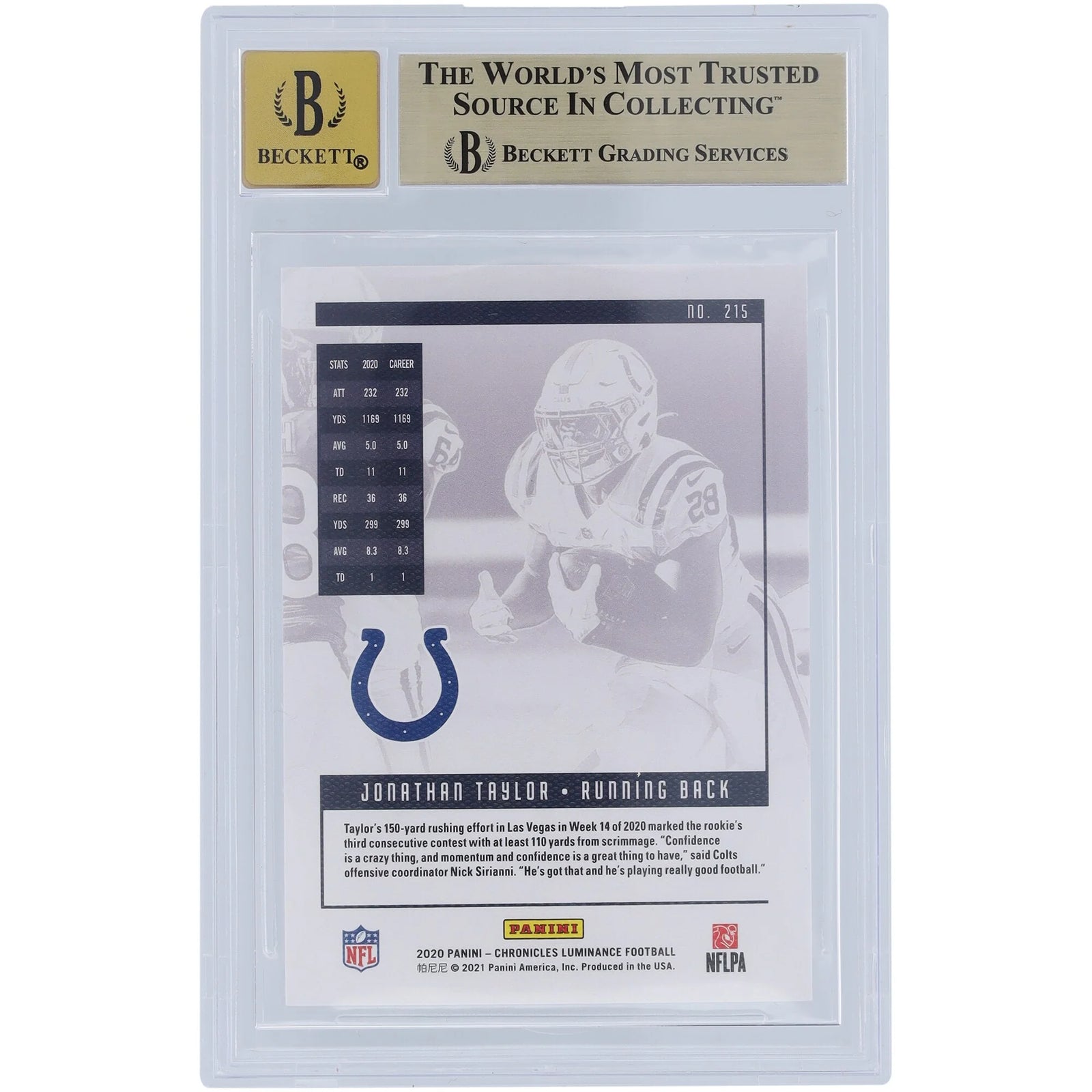 Jonathan Taylor Signed 2020 Panini Luminance #215 Rookie Card | Graded 9.5
