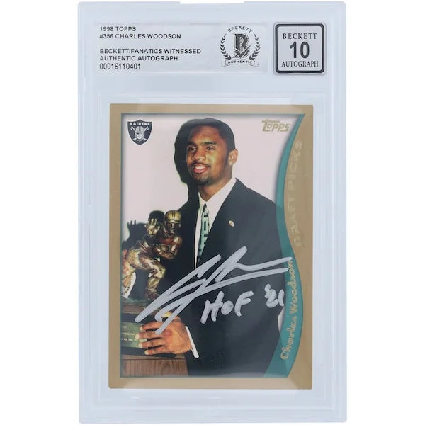 Charles Woodson Signed 1998 Topps #356 Rookie Card | Beckett 10 with HOF 21 Inscription