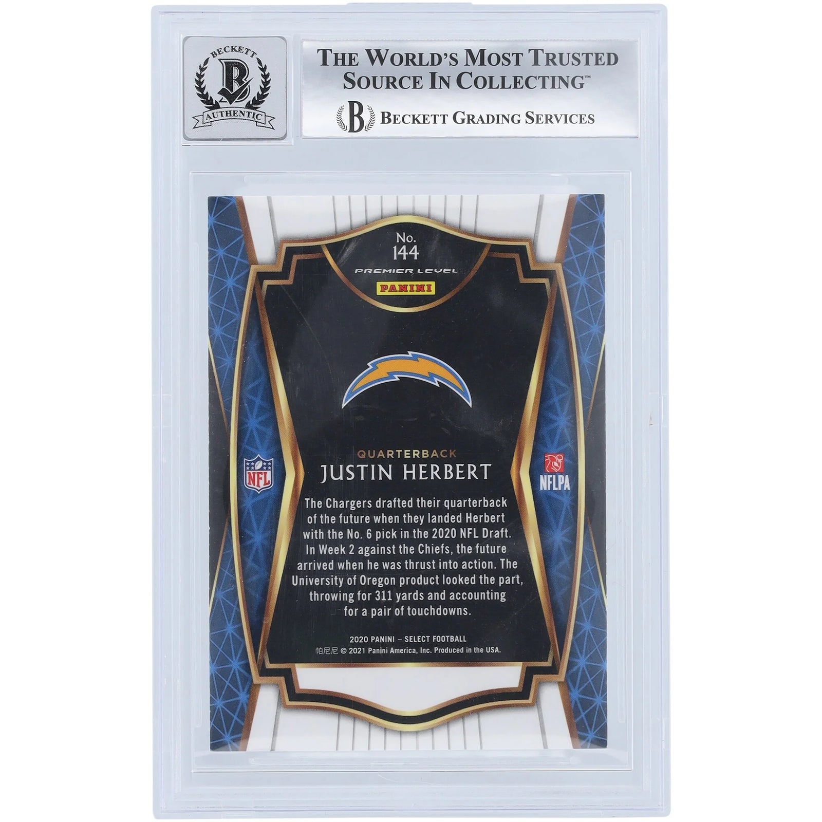Justin Herbert Signed 2020 Panini Select #144 Rookie Card | Beckett 9 Inscription