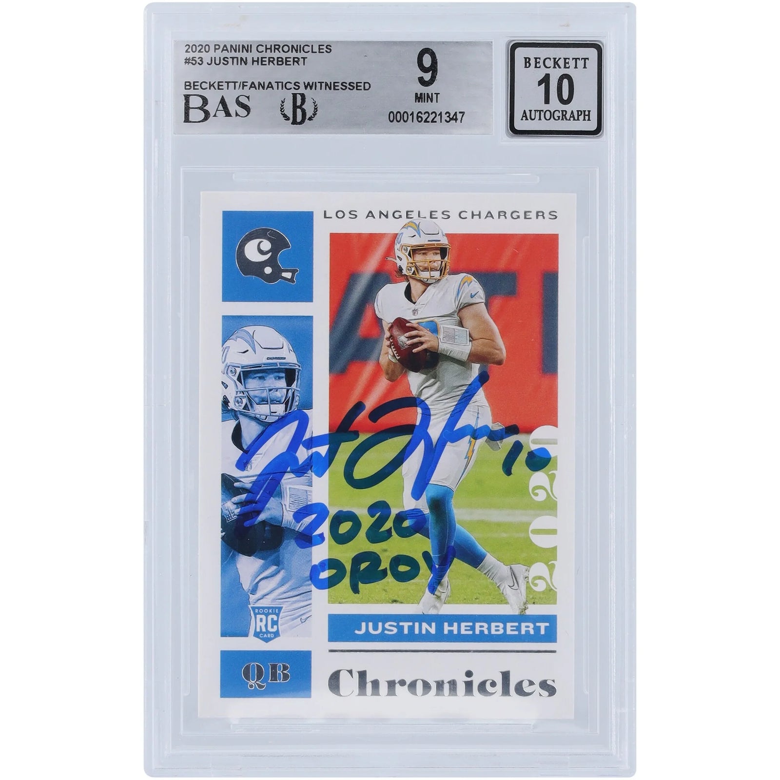 Justin Herbert Signed 2020 Panini Chronicles Rookie #53 Card | Beckett 9 with OROY Inscrip