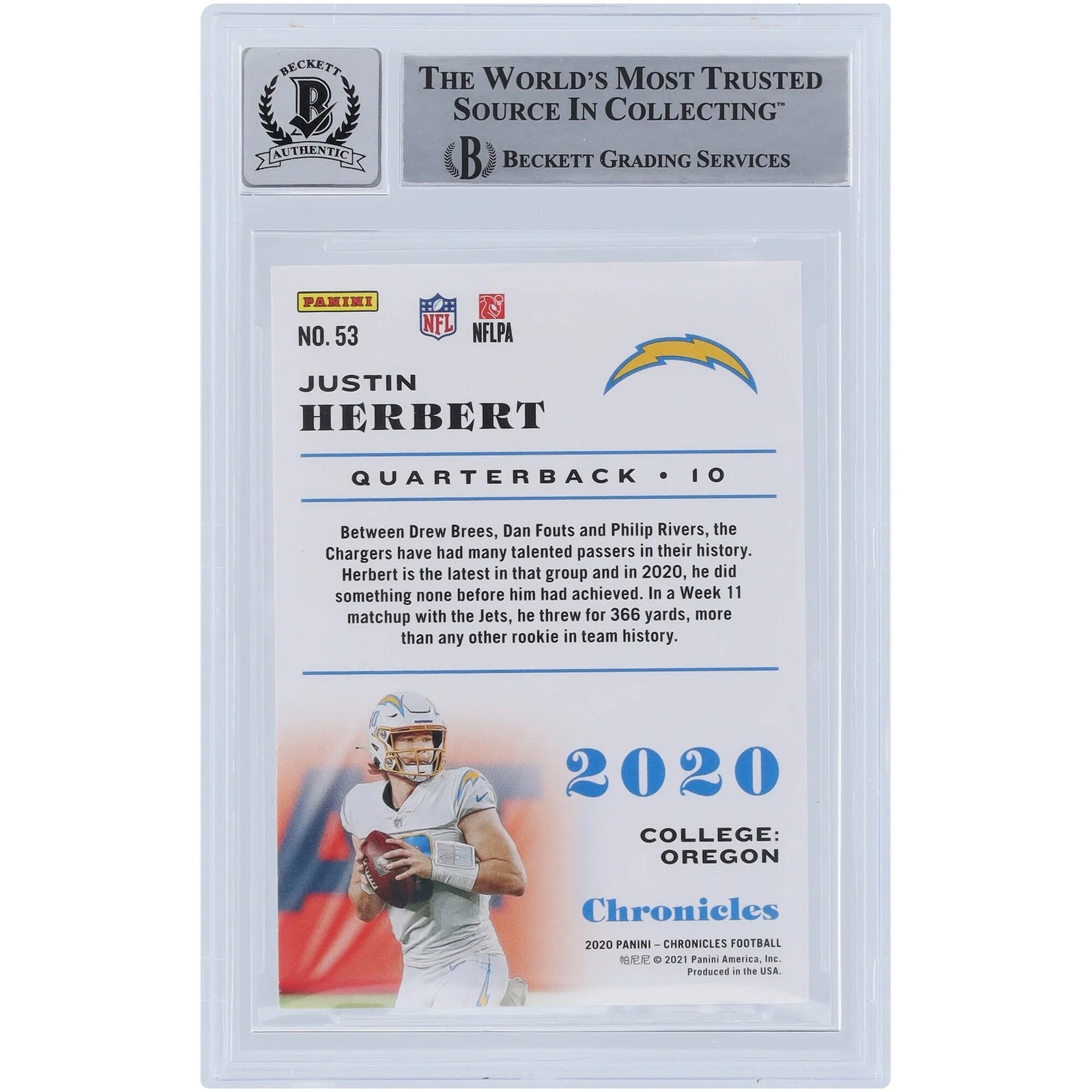 Justin Herbert Signed 2020 Panini Chronicles Rookie #53 Card | Beckett 9 with OROY Inscrip