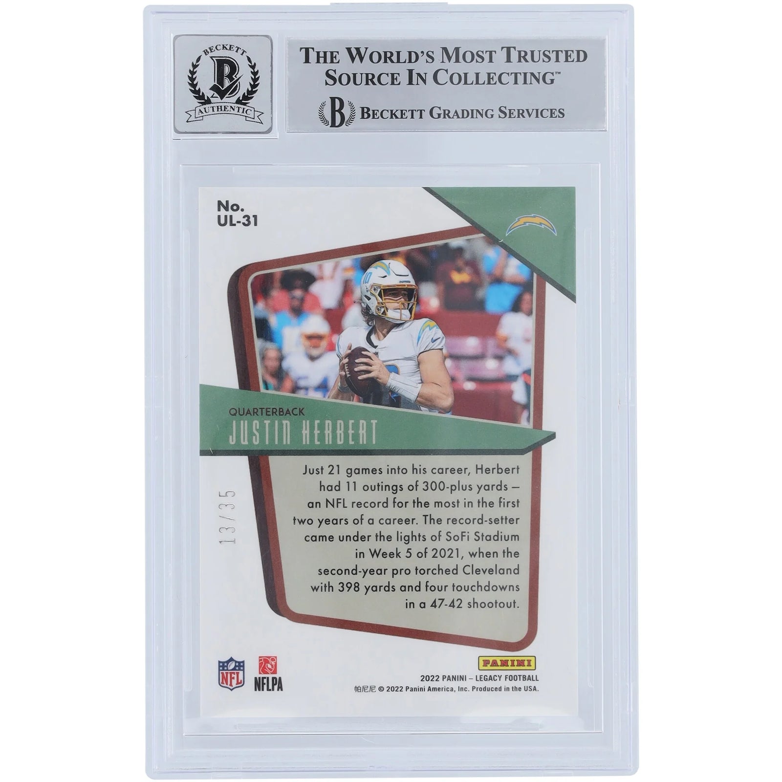 Justin Herbert Signed 2022 Panini Legacy Sapphire #UL-31 | Graded 10
