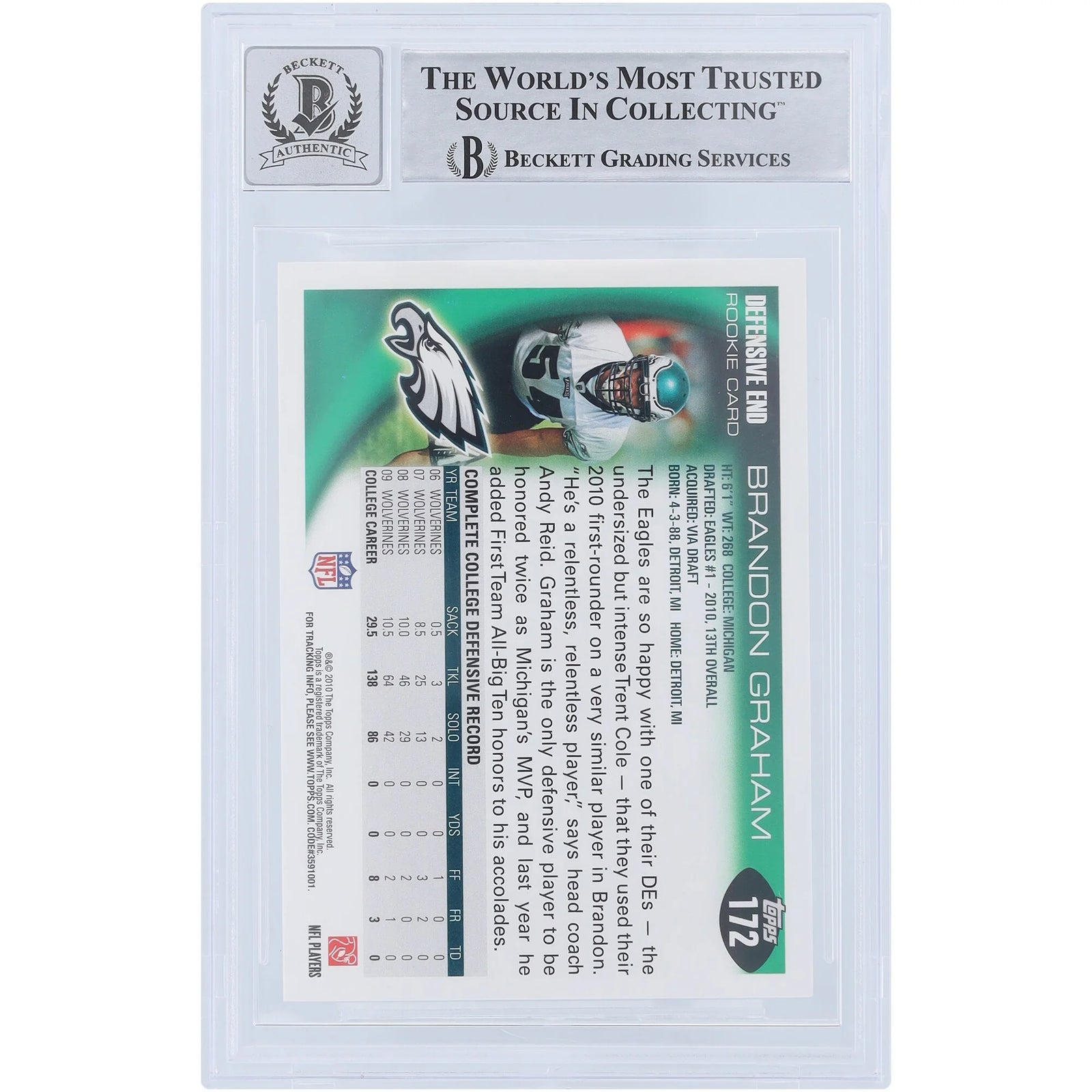 Brandon Graham Signed 2010 Topps #172 Rookie Card | Beckett Graded 9