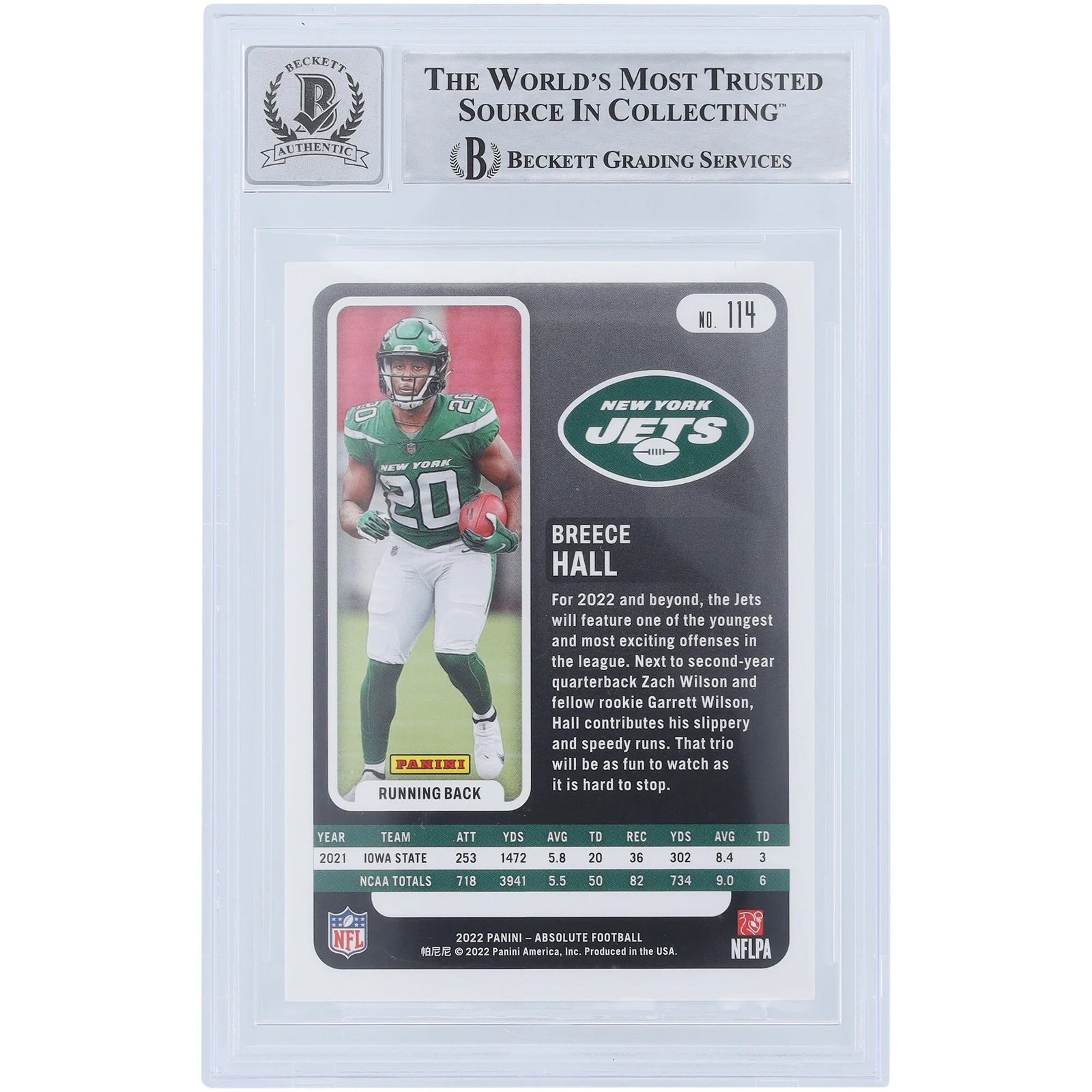 Breece Hall Signed 2022 Panini Absolute #114 Rookie Card | Beckett Authenticated 9