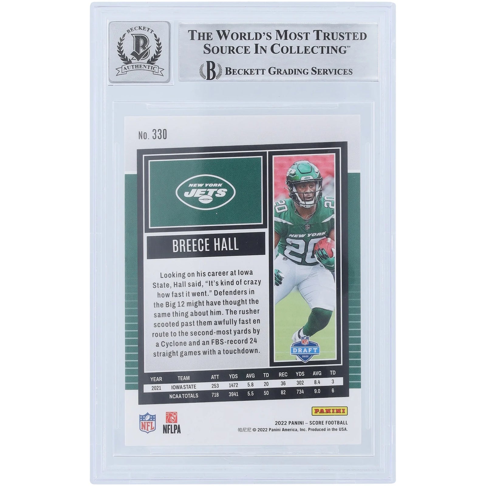 Breece Hall Signed 2022 Panini Score #330 Rookie Card | Beckett Authenticated