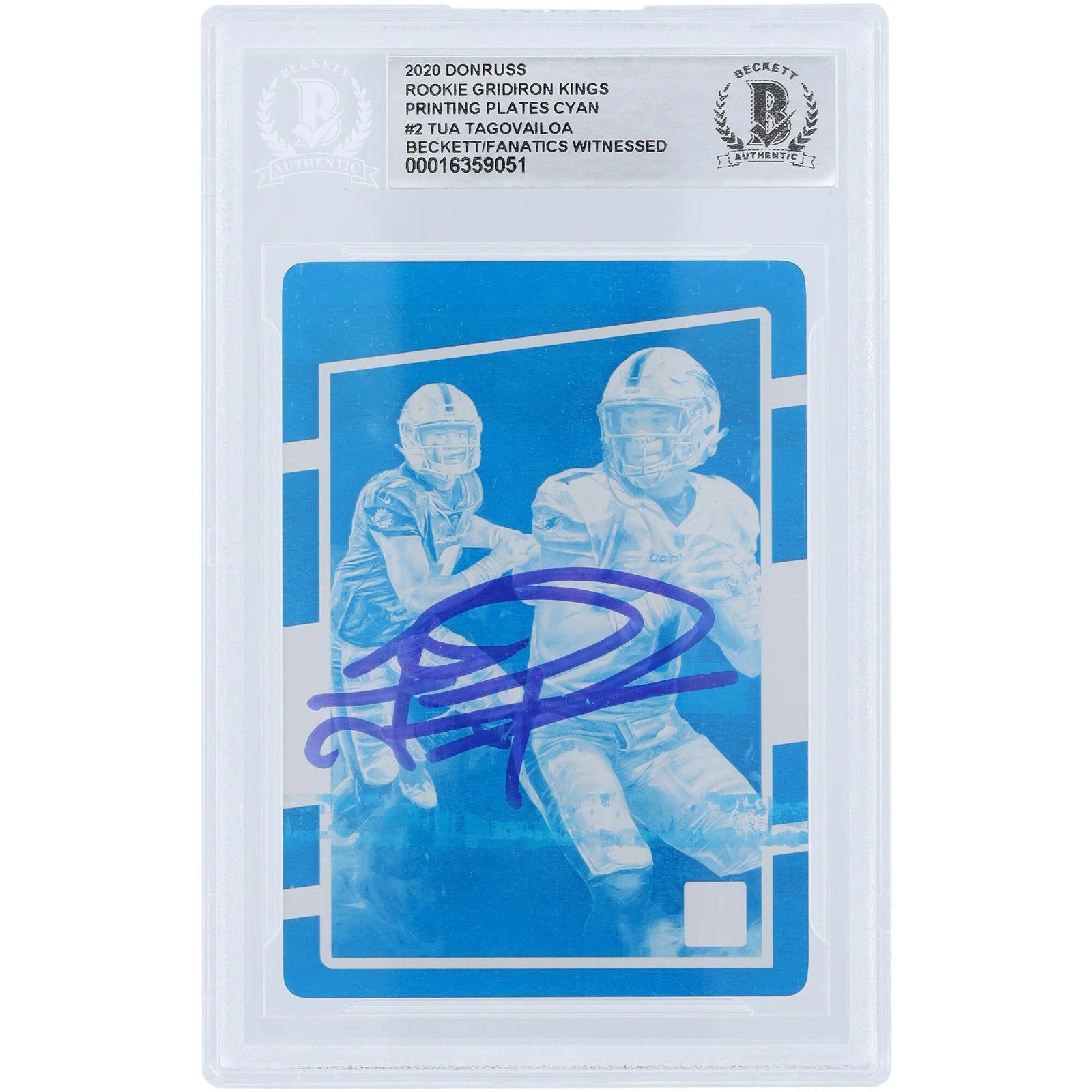 Tua Tagovailoa Signed 2020 Panini Donruss Gridiron Kings Cyan Printing Plate | 1/1 Rookie
