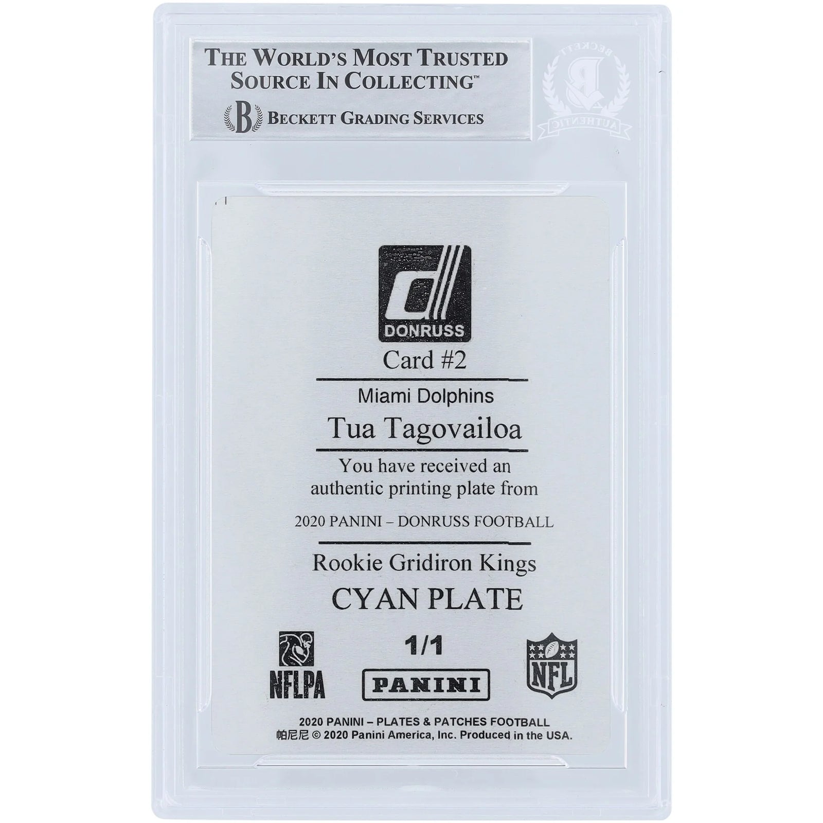 Tua Tagovailoa Signed 2020 Panini Donruss Gridiron Kings Cyan Printing Plate | 1/1 Rookie