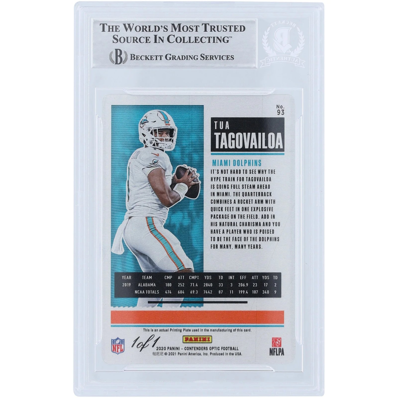 Tua Tagovailoa Signed 2020 Panini Contenders Optic Magenta Printing Plate #93 | 1/1 Rookie