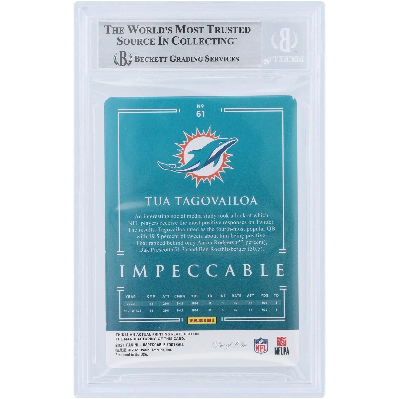 Tua Tagovailoa Signed 2021 Panini Impeccable Cyan Printing Plate #61 | 1/1