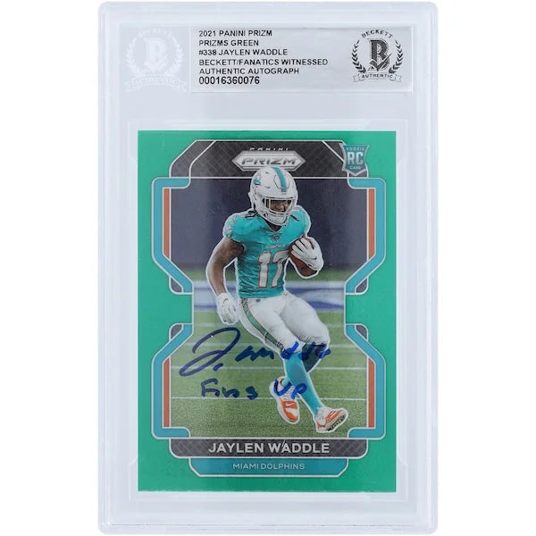 Jaylen Waddle Signed 2021 Panini Prizm Green Prizm #338 Rookie Card | Fins Up Inscription