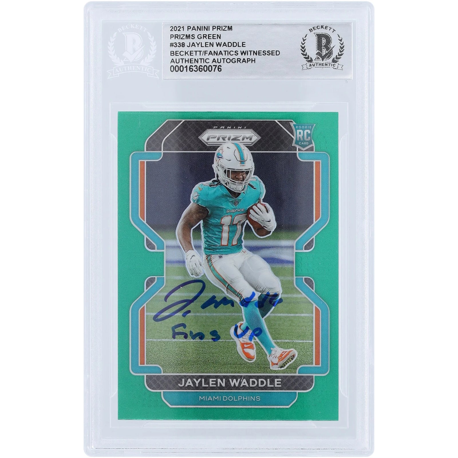 Jaylen Waddle Signed 2021 Panini Prizm Green Prizm #338 Rookie Card | Fins Up Inscription