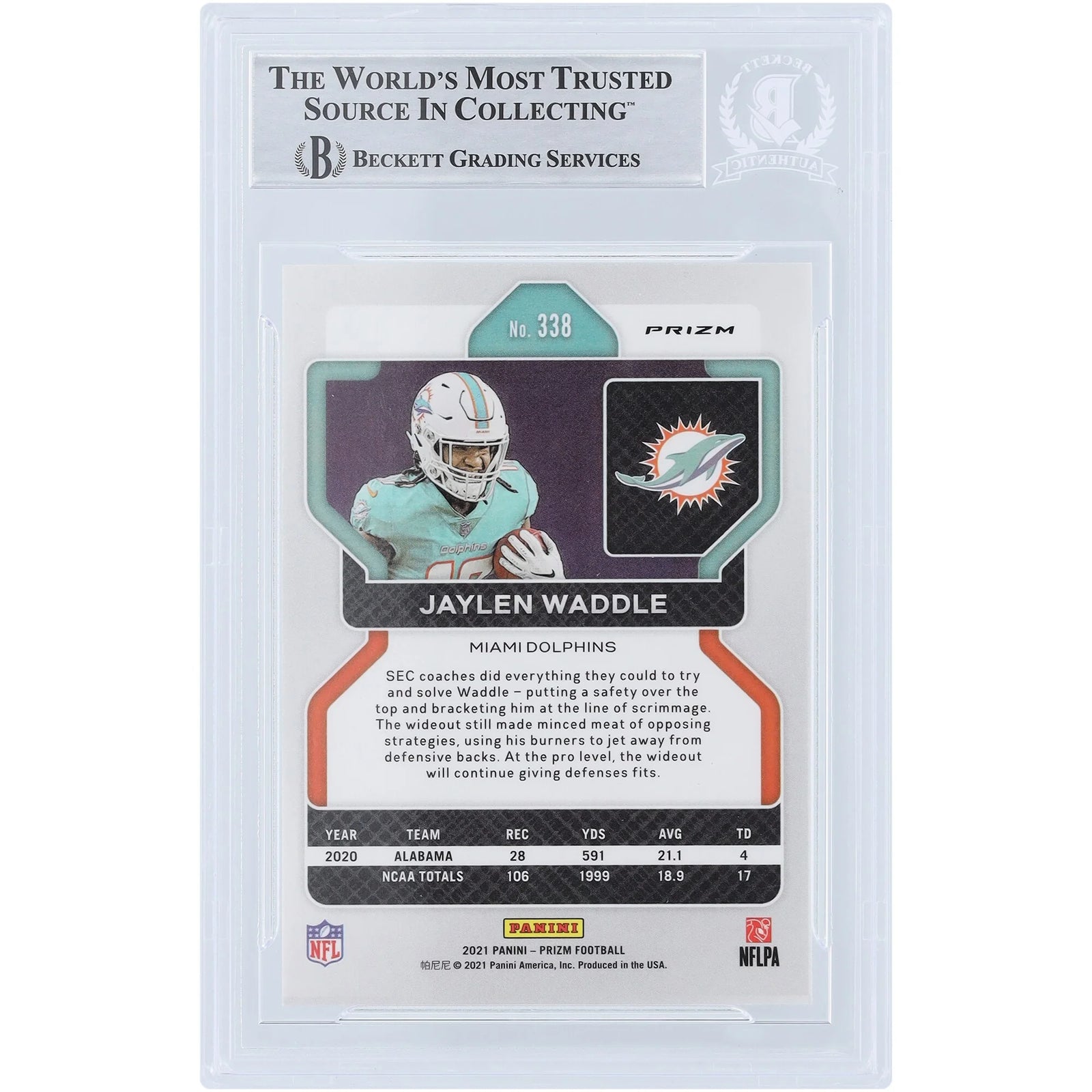 Jaylen Waddle Signed 2021 Panini Prizm Green Prizm #338 Rookie Card | Fins Up Inscription