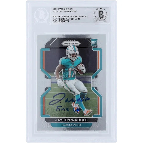 Jaylen Waddle Miami Dolphins Autographed 2021 Panini Prizm #338 Beckett Fanatics Witnessed Authenticated Rookie Card with "Fins Up" Inscription - F2