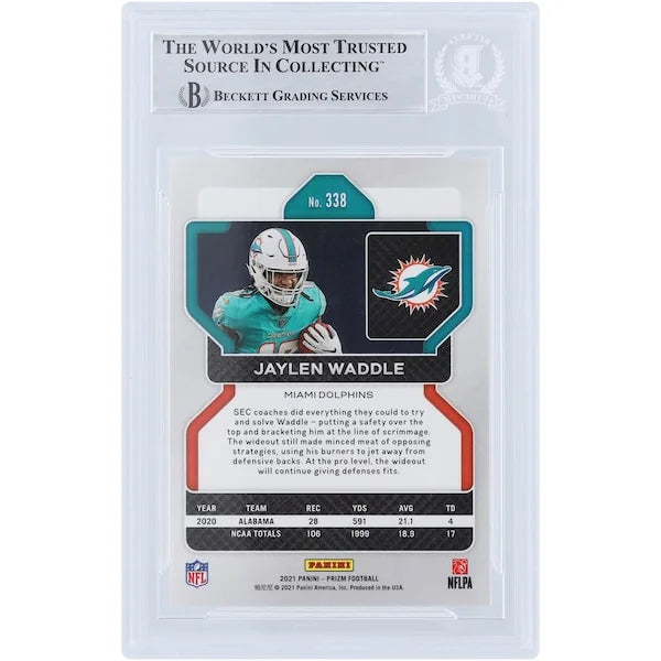 Jaylen Waddle Miami Dolphins Autographed 2021 Panini Prizm #338 Beckett Fanatics Witnessed Authenticated Rookie Card with "Fins Up" Inscription - F2