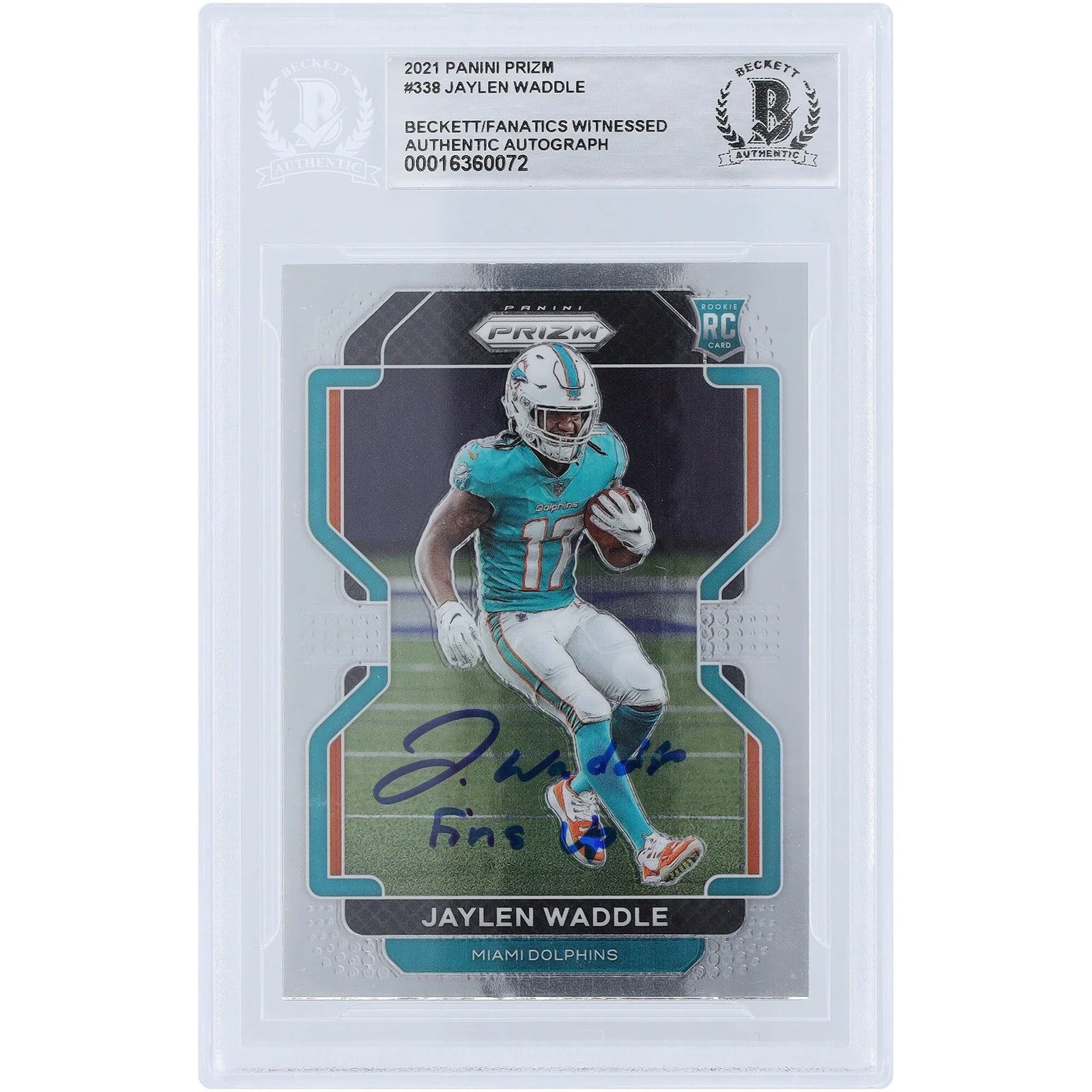 Jaylen Waddle Miami Dolphins Autographed 2021 Panini Prizm #338 Beckett Fanatics Witnessed Authenticated Rookie Card with "Fins Up" Inscription - F2