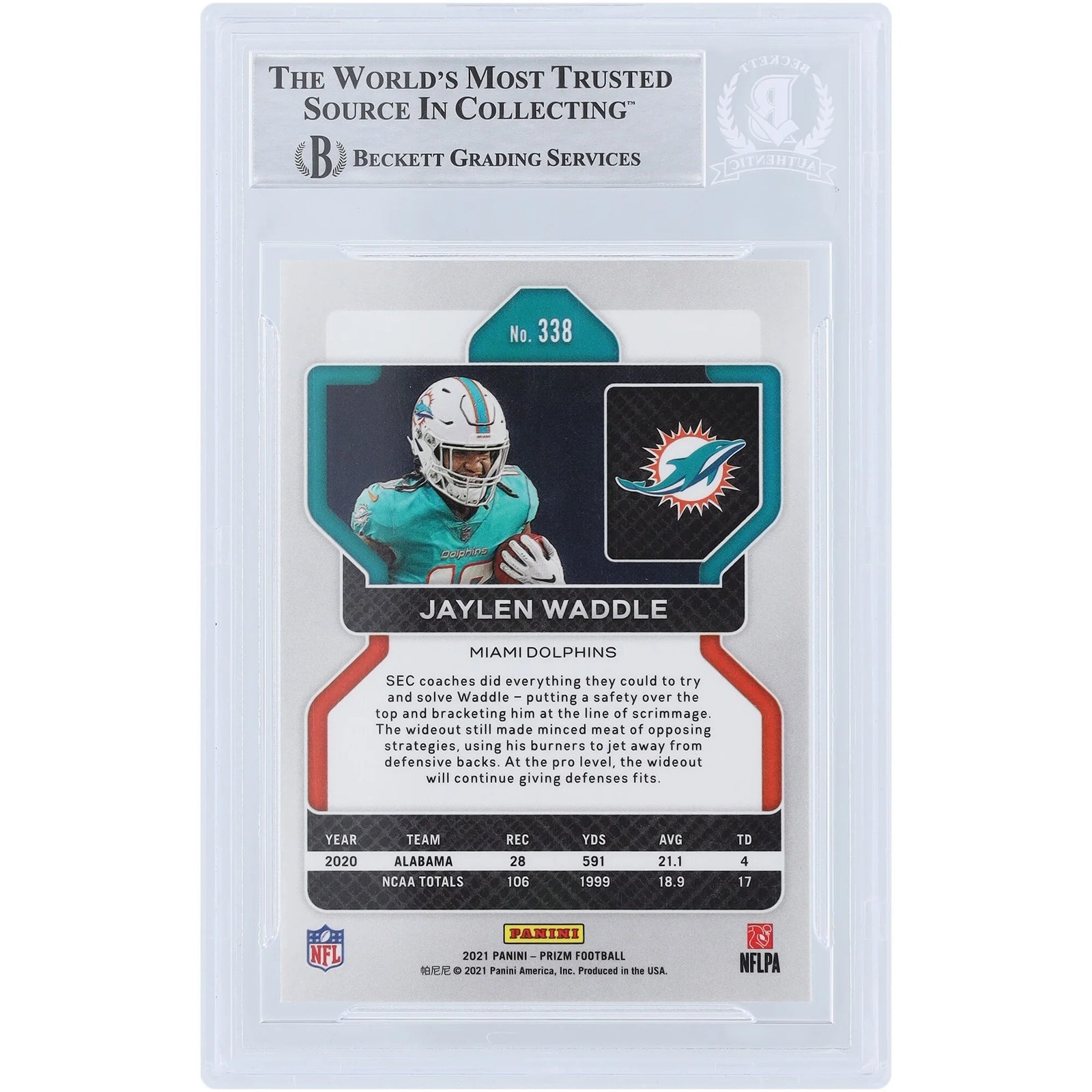 Jaylen Waddle Miami Dolphins Autographed 2021 Panini Prizm #338 Beckett Fanatics Witnessed Authenticated Rookie Card with "Fins Up" Inscription - F2