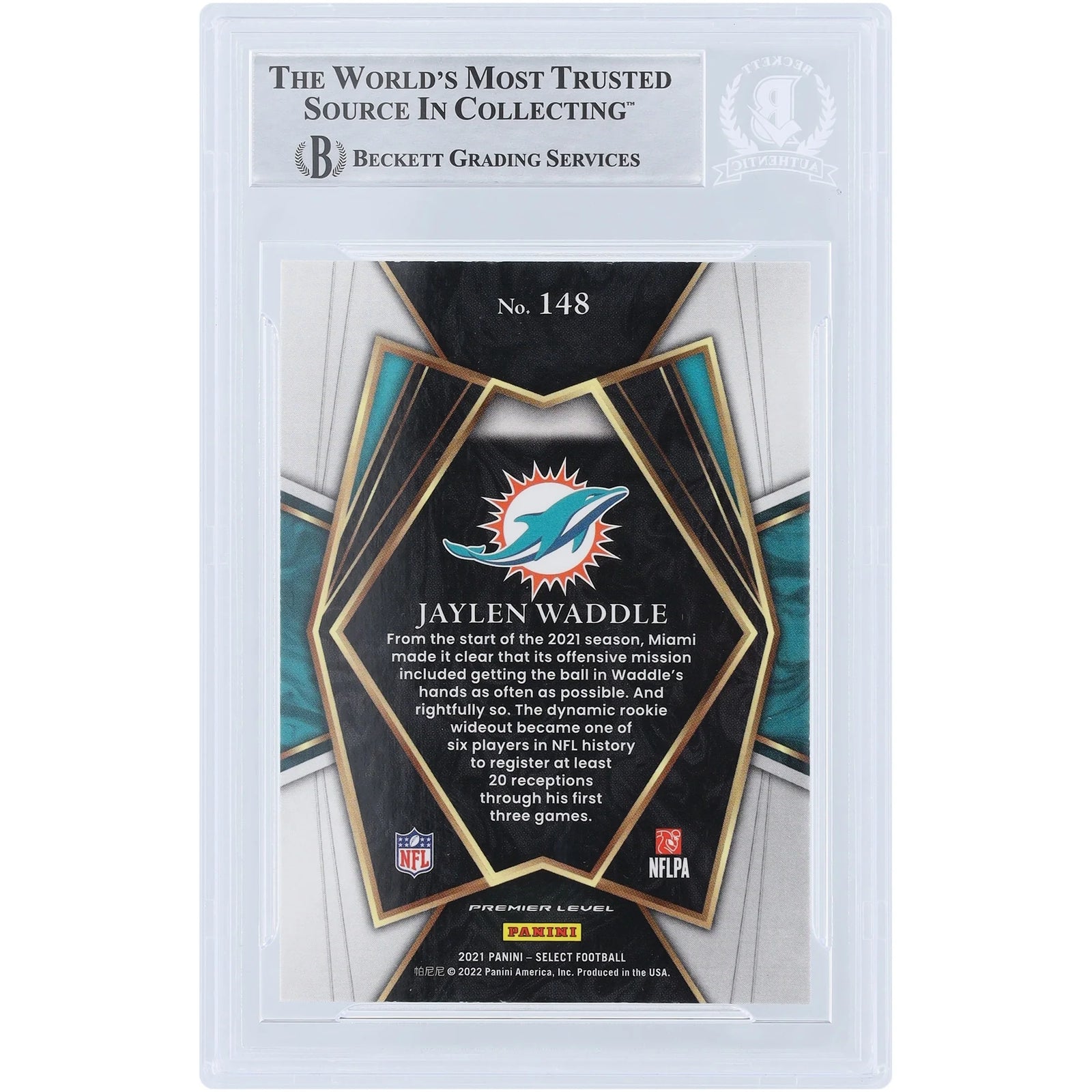Jaylen Waddle Signed 2021 Panini Select Premier Level Rookie #148 Card | Fins Up Inscripti