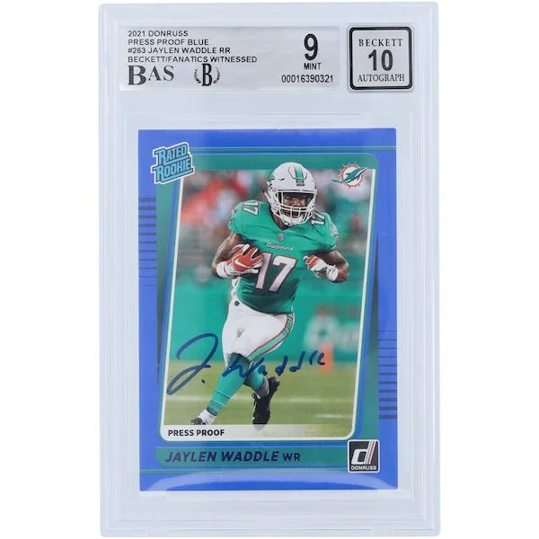 Jaylen Waddle Signed 2021 Panini Donruss Rated Rookie Press Proof Blue #263 | Beckett 9