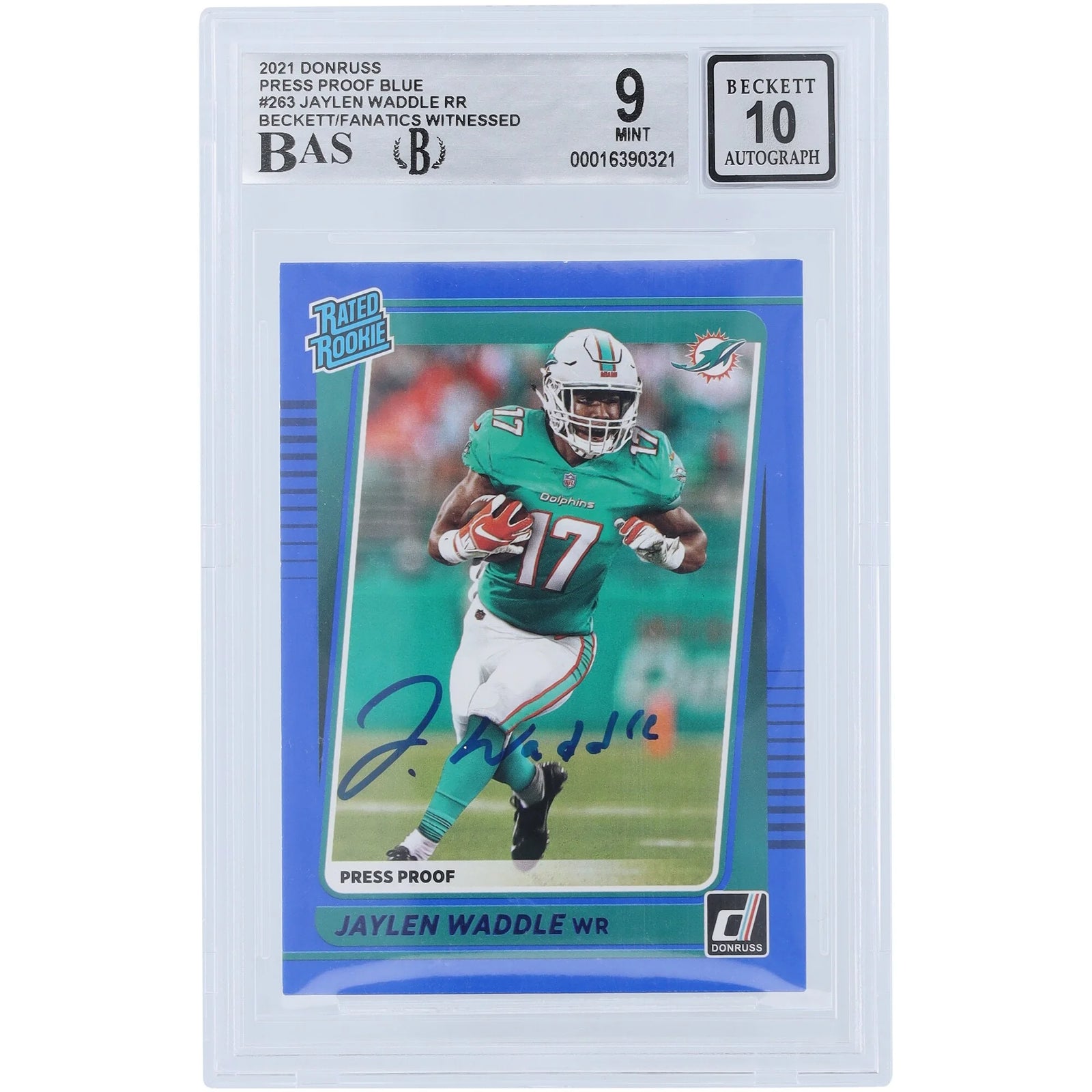 Jaylen Waddle Signed 2021 Panini Donruss Rated Rookie Press Proof Blue #263 | Beckett 9
