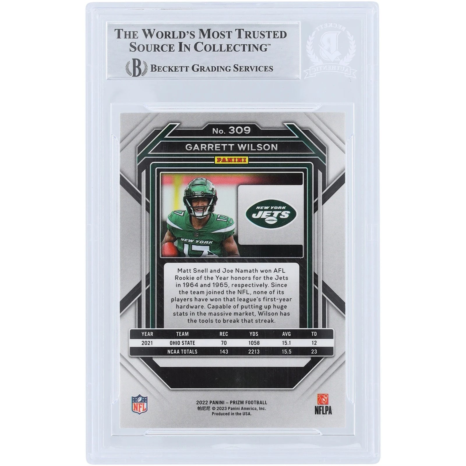 Garrett Wilson Signed 2022 Panini Prizm #309 Rookie Card | Jets