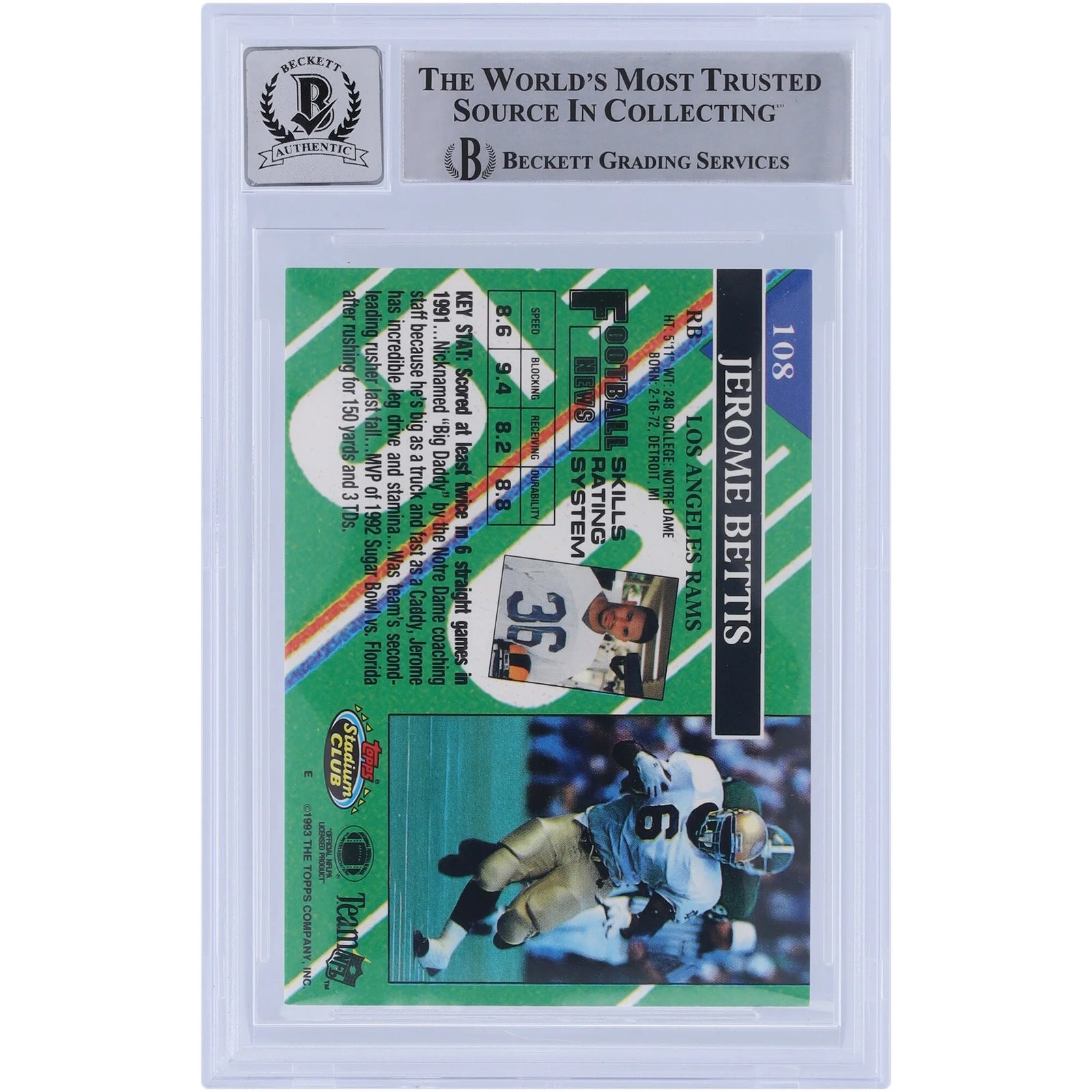 Jerome Bettis Signed 1993 Topps Stadium Club #108 Rookie Card | Beckett 10