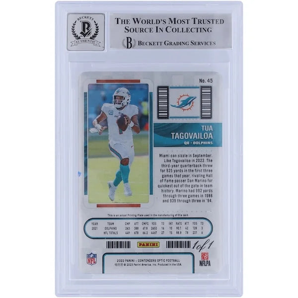 Tua Tagovailoa Signed 2022 Panini Contenders Optic Black Printing Plate #45 | 1/1