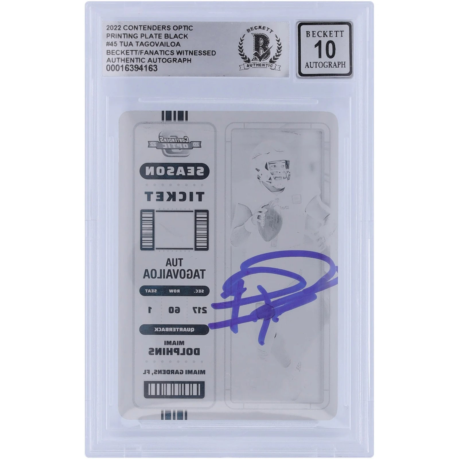 Tua Tagovailoa Signed 2022 Panini Contenders Optic Black Printing Plate #45 | 1/1