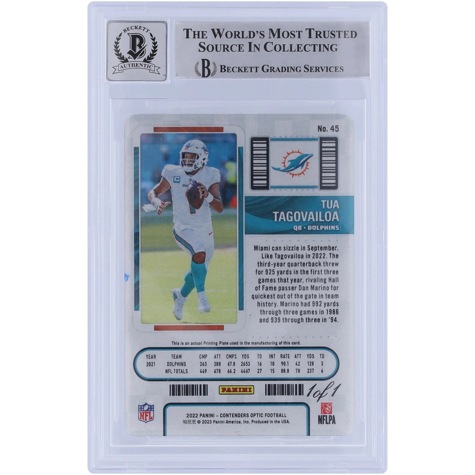 Tua Tagovailoa Signed 2022 Panini Contenders Optic Black Printing Plate #45 | 1/1
