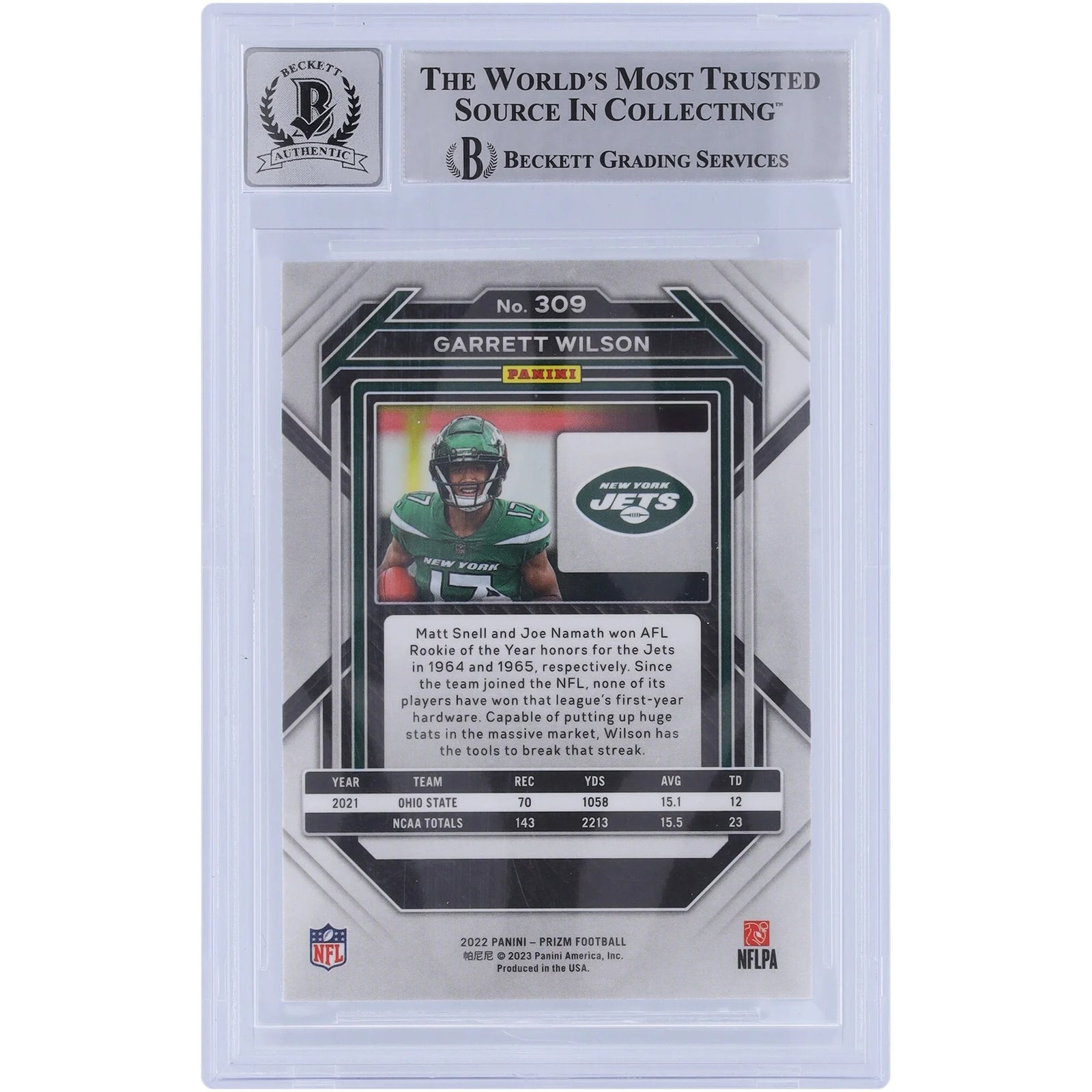 Garrett Wilson Signed 2022 Panini Prizm #309 Rookie Card | OROY Inscription